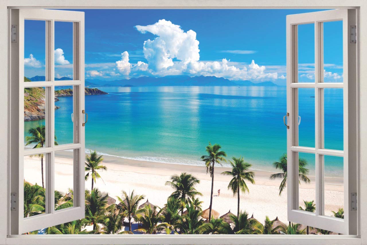 PRINTELLIGENT Creative 3D Window Viewer Sticker Wide Ocean Beach Sea Palm Trees (Vinyl, 90 cm X 60 cm) Design (10) (B07KQ8844F) Amazon Price History, Amazon Price Tracker
