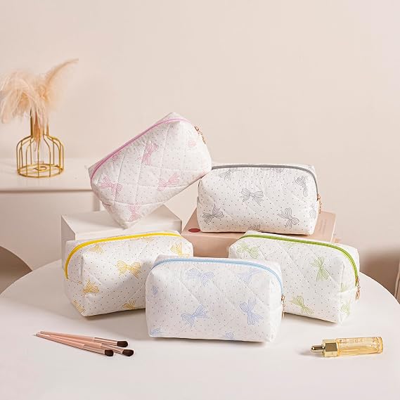 Quilted Cotton Makeup Bag Travel Cosmetic Bag for Women Girls, Zipper Make Up Pouch, Bow Pattern Toiletry Organizer Makeup, Portable Storage Bag (Pink/Whtie Bowknot)