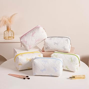 Quilted Cotton Makeup Bag Travel Cosmetic Bag for Women Girls, Zipper Make Up Pouch, Bow Pattern Toiletry Organizer Makeup, Portable Storage Bag (Pink/Whtie Bowknot)