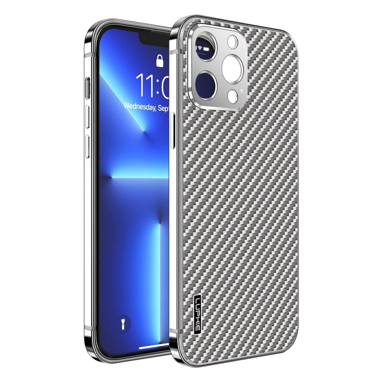 Coque iPhone 13 Pro Max résout bris objectif étui carbone titane argent