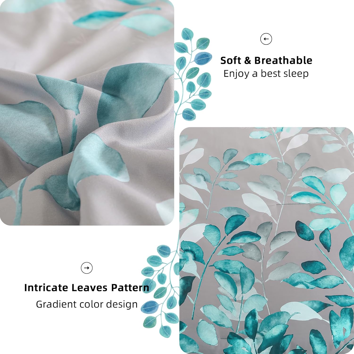 Anibedding Teal Green Floral Comforter Set Queen, 7 Piece Green Botanical Gradient Leaves Ultra Soft Microfiber Down Alternative Bedding Set with Sheets and Bedroom for All Season - Image 6