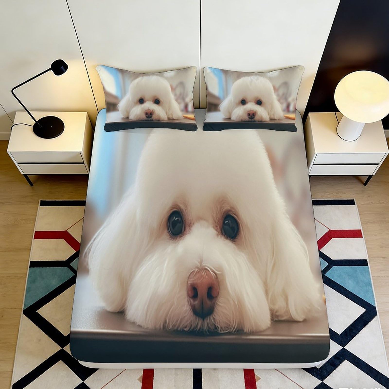 3D Printed White Poodle Fitted Sheet Microfiber Soft Breathable Cute Dog Bed Cover for Bedroom Guest Room Decor 90x200x25cm
