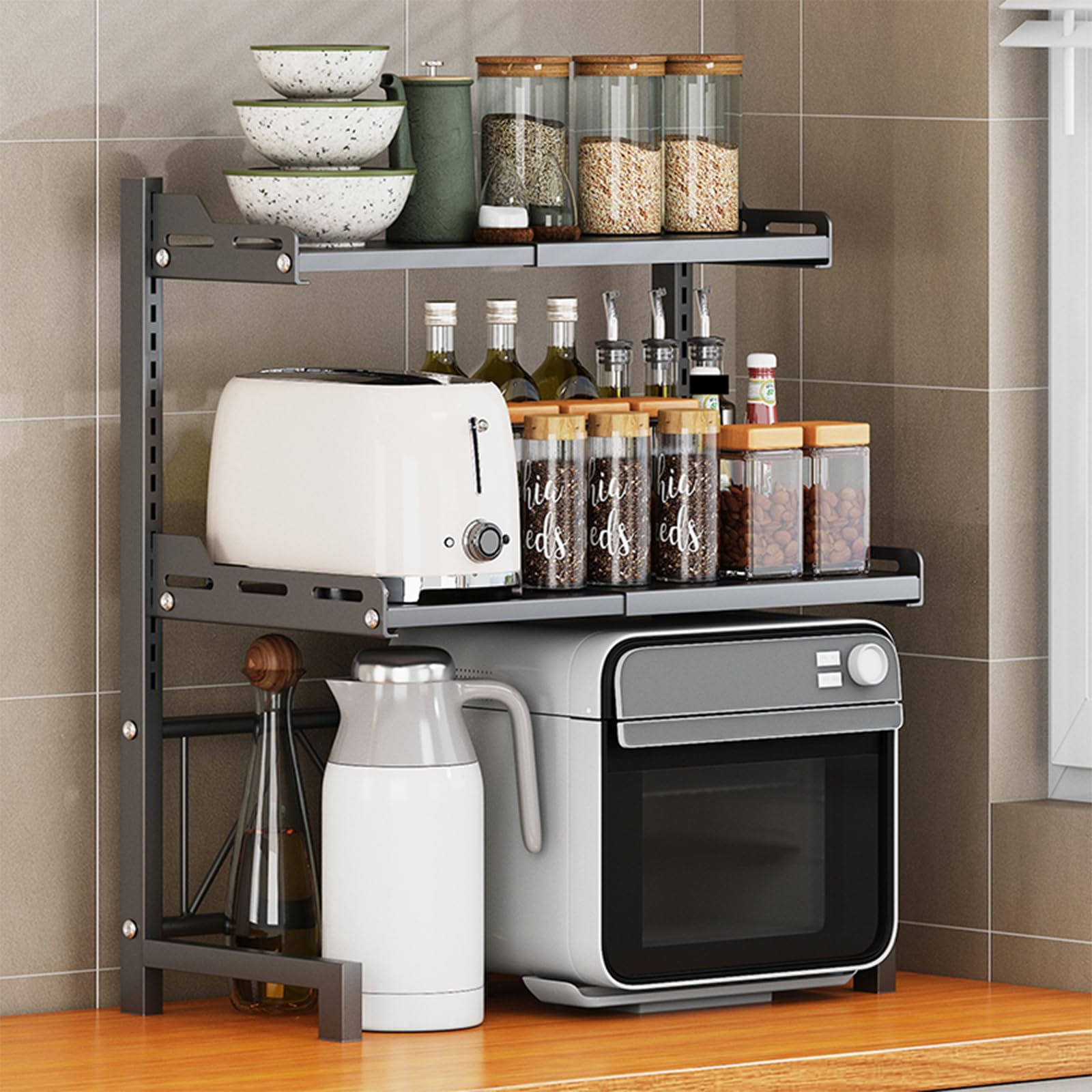 Extendable Microwave Oven Rack, 3-Tier Adjustable Microwave Shelf with 8 Hooks, 14.2 ''-24.4 '' L Microwave Rack, Kitchen Microwave Stand Countertop