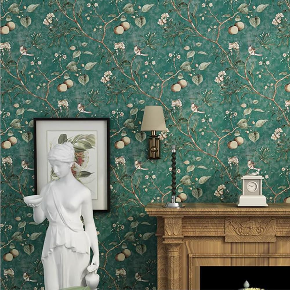 MEAIHOME Retro American Country Pastoral Non-Woven Wallpaper AB Version of Fruit Tree Flower and Bird Pattern Bedroom Living Room TV Background Wall Shop Decoration 1.73'W x 32.8'L Non-Pasted (Green)