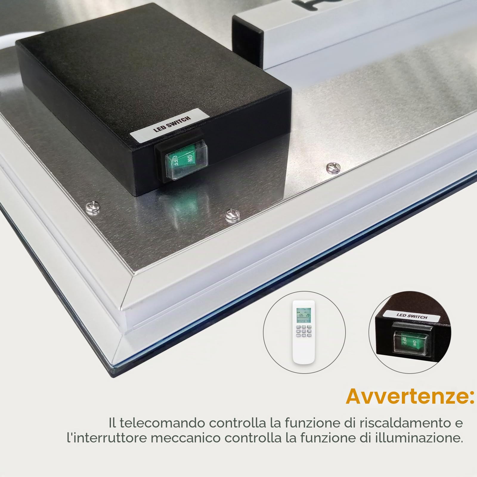 byecold Riscaldatore a infrarossi per specchio con termostato, 580 watt - Riscaldatore a infrarossi per specchio con illuminazione a LED - Specchio da bagno, 100x60 cm