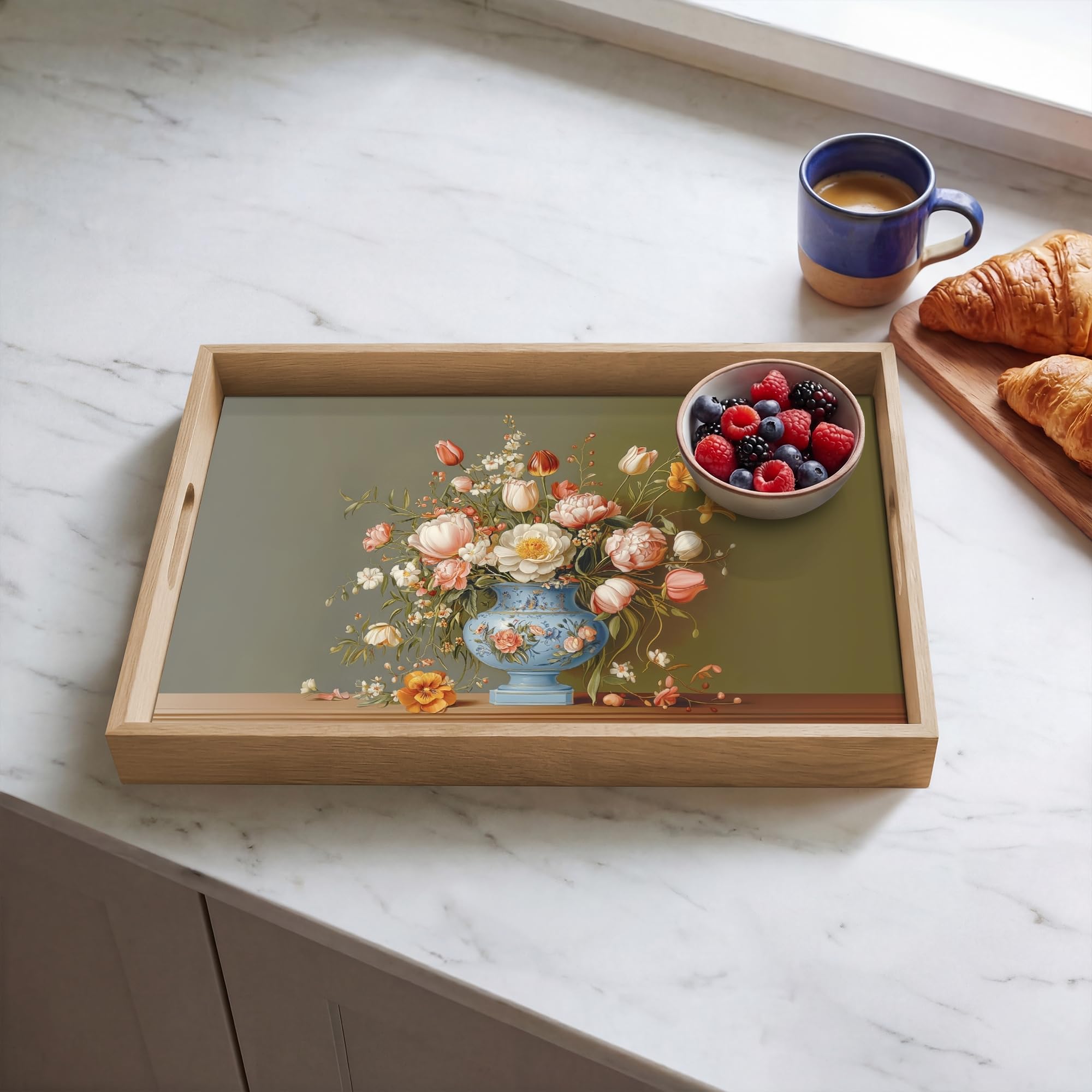 Bandejas para Servir Comida Rectangular 50x35 cm Bandeja Desayuno Cafe Tabuleiro Resistente A Los Arañazos Antideslizante Cocina Neutro - Flores - Ramo - Jarrón