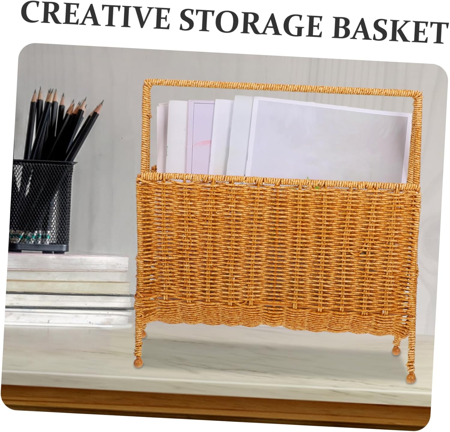 Woven Rattan Magazine Rack Open Design Lightweight Plastic Storage for Books and Newspapers Boho Style Organizer for Home and Bathroom 1-Piece