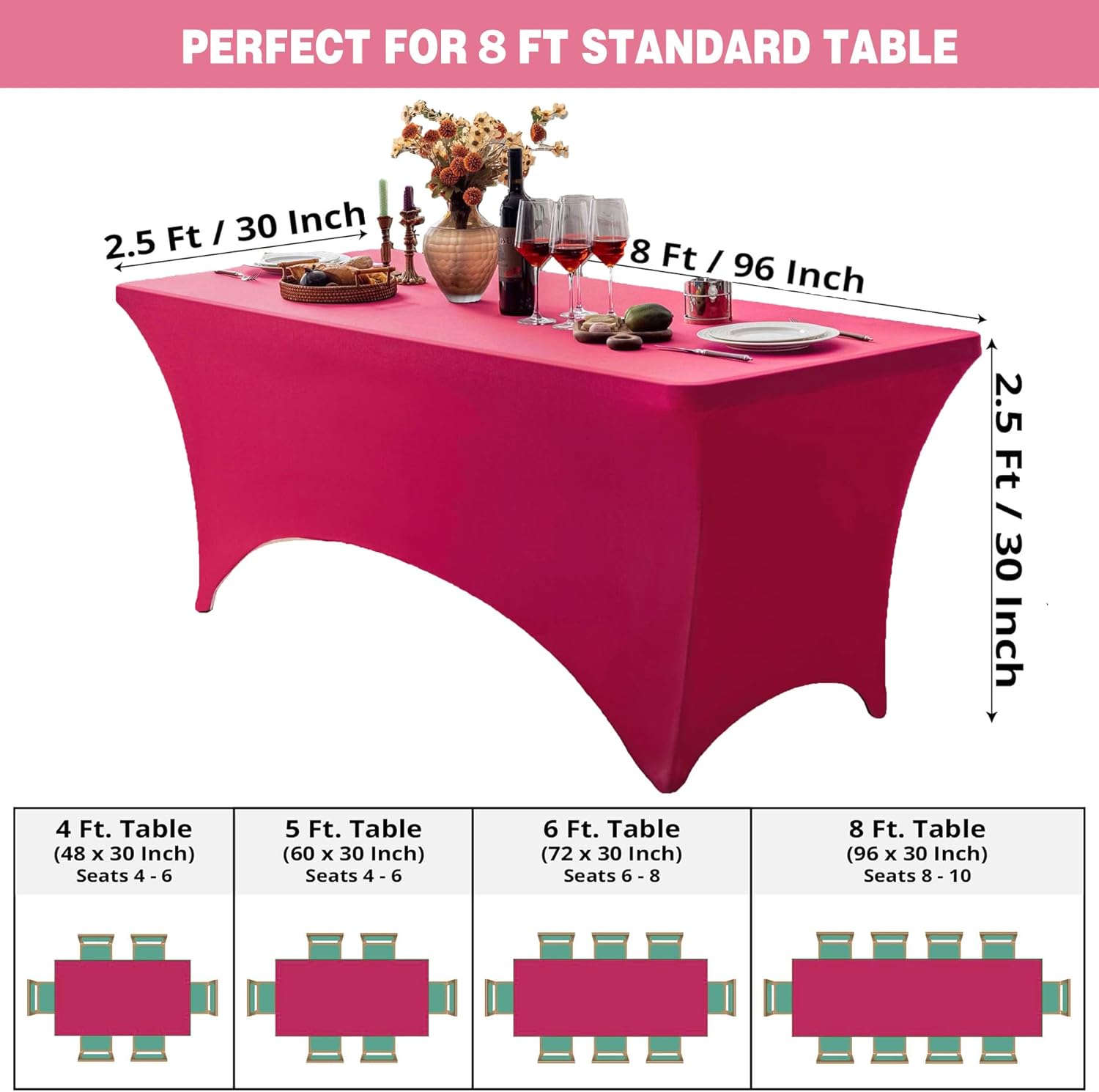 FOLINS&HOME 2 Pack Fuchsia 8ft Fitted Rectangle Tablecloth with Elastic, Water Resistant Washable Spandex Table Cover for 8 Foot Tables, Stretch Table Cloth for Weddingss, Banquetss, Parties (2 Pcs)