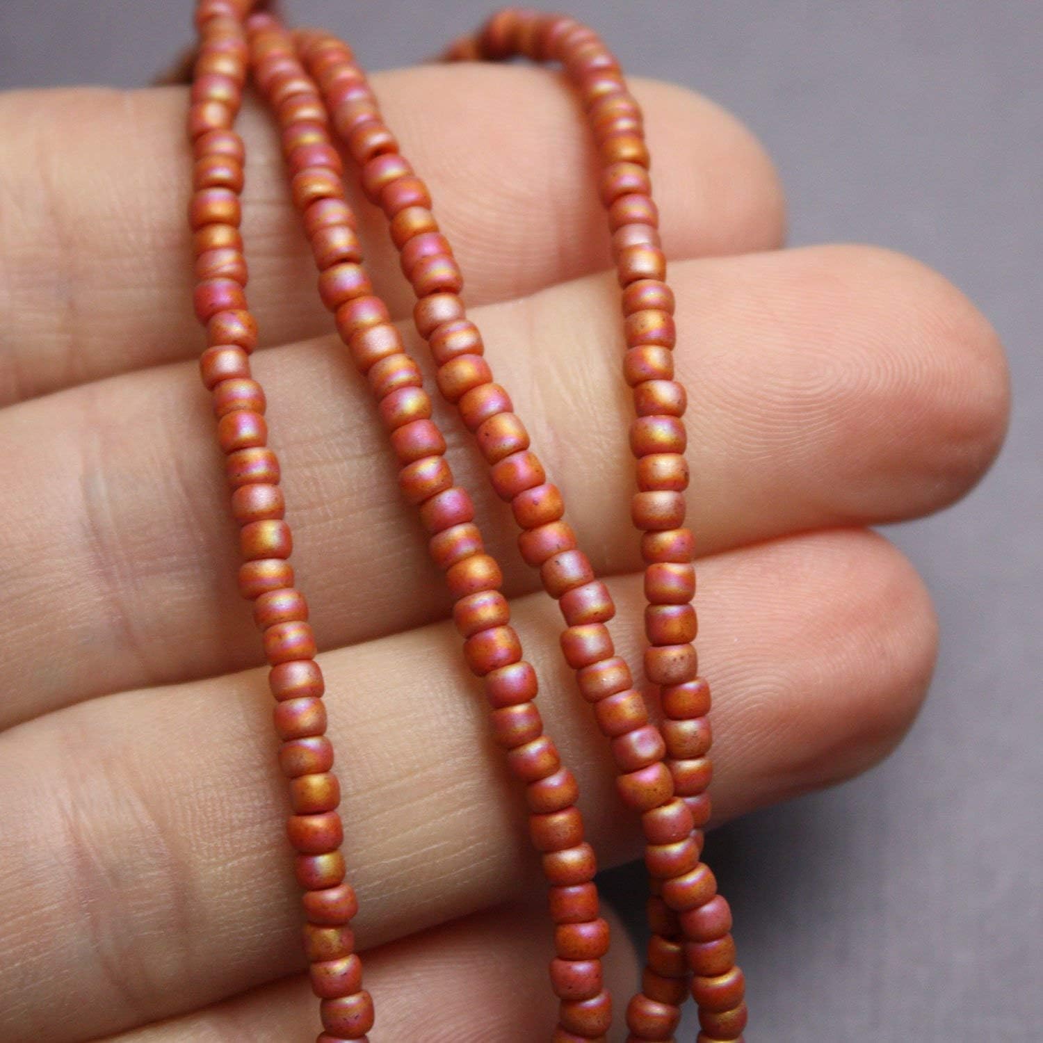 Handmade Orange Terracotta Seed Bead Necklace, Thin 2mm Single Strand