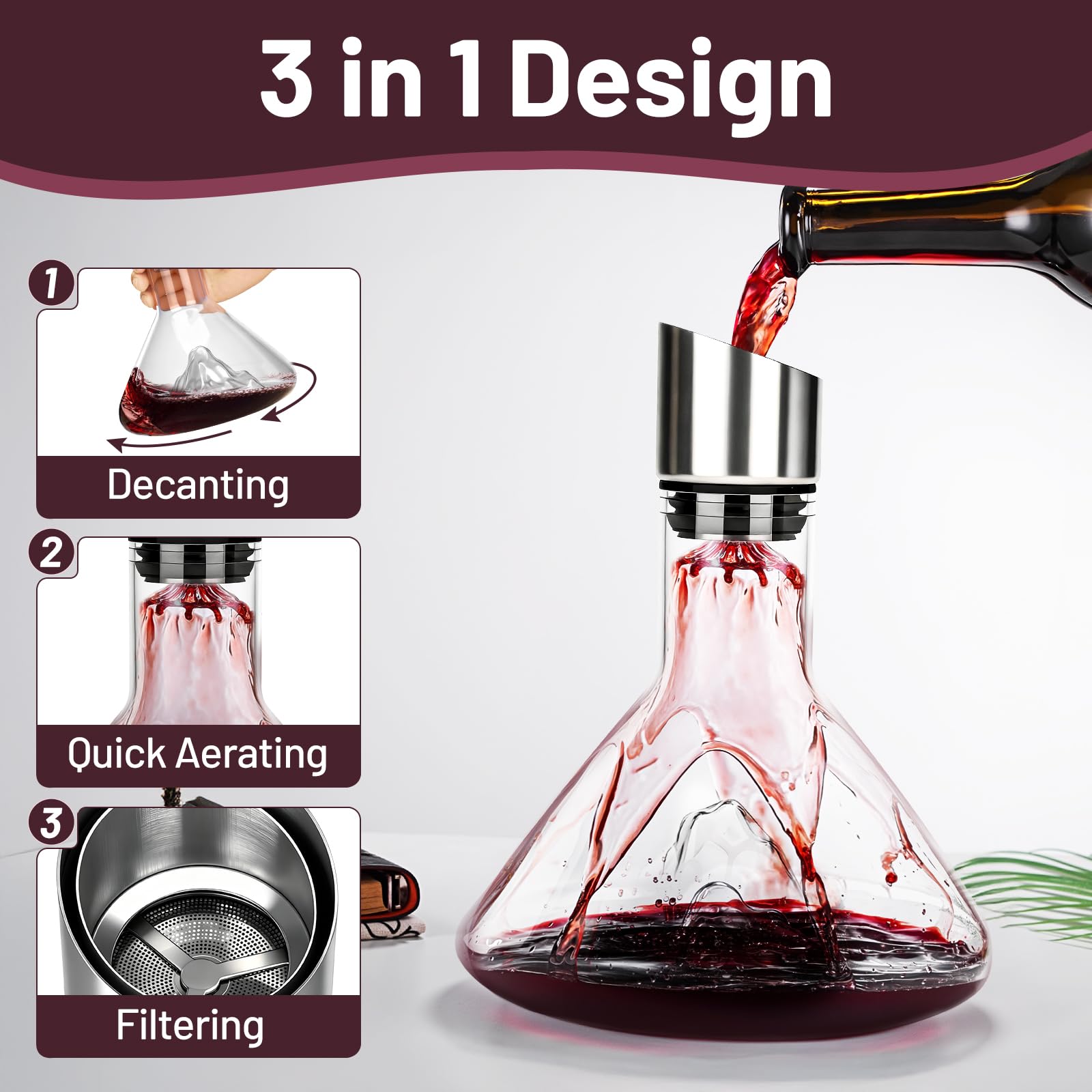 Decantador de vinho com filtro aereador,con bola de limpieza de acero inoxidable y tarjeta de felicitación,Accesorios para el vino,ideales para los amantes del vino,Capacidad de 1500 ml