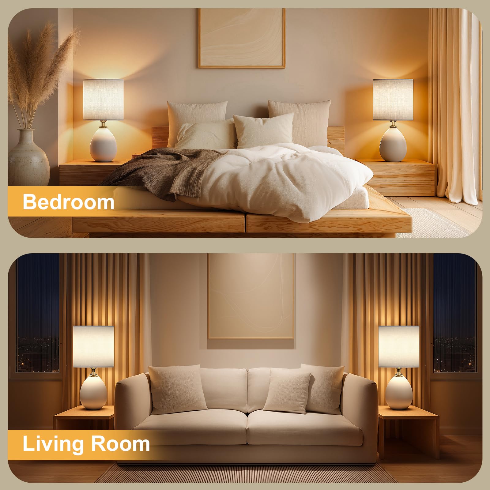 Dawnwake Nachttischlampe, 2-Teiliges Set, Dimmbare LED-Tischlampe Mit Keramikfuß und Leinenschirm, Geeignet Für Schlafzimmer, Wohnzimmer und Büro[Energieeffizienzklasse F]