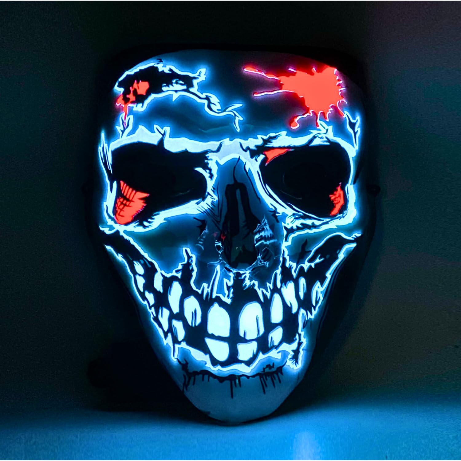 ririess LED Halloween Mask, Light-Up Scary Skull Mask with Cracked Neon Design