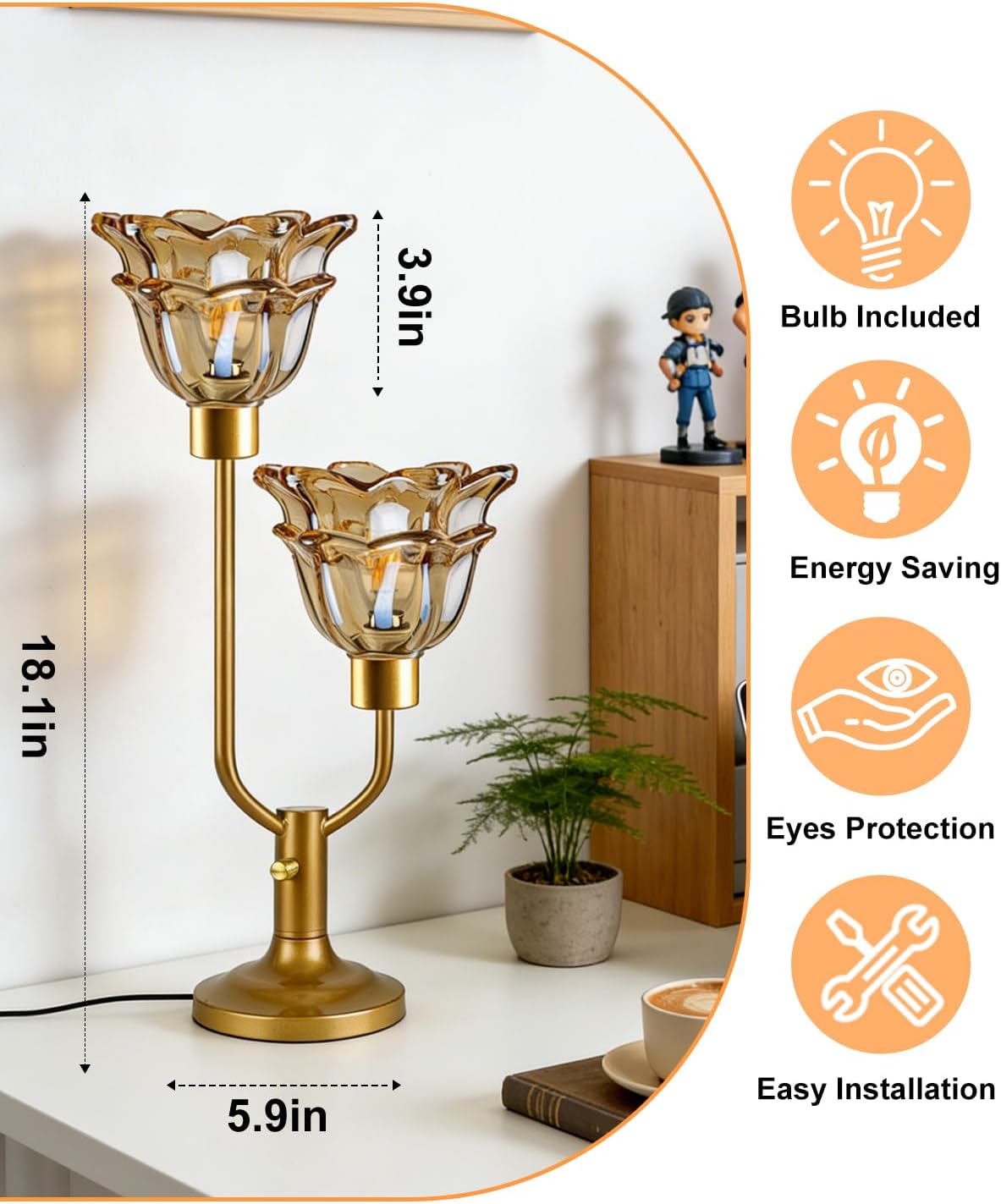 Lightdot Mid Century Modern Flower Table Lamp Gold Dimmable Brown Glass Desk Lamps with 2Pcs Bulbs Included 3000K Warmwhite Bedside Nightstand Ambiance Lamp for Living Room Bedroom
