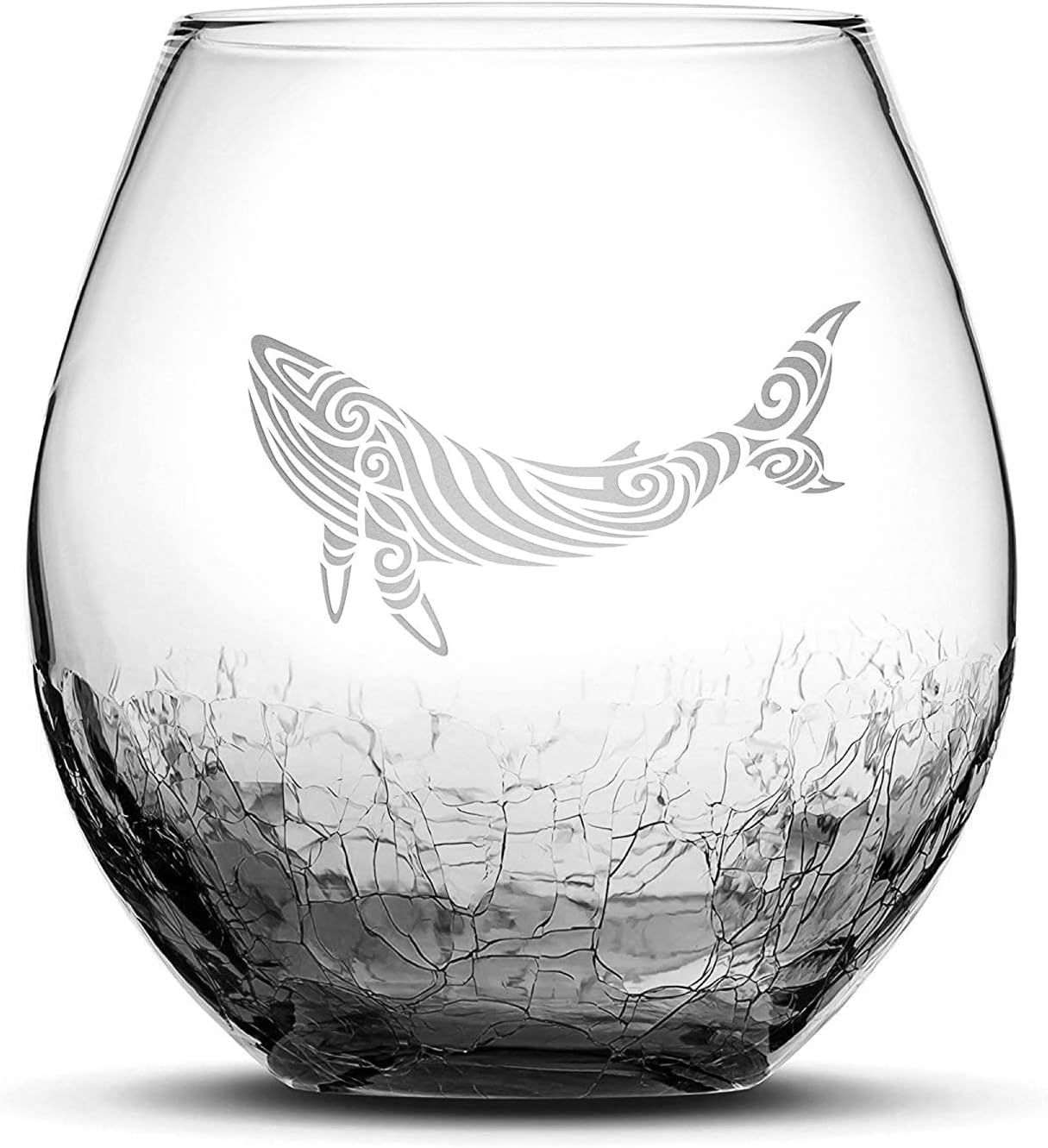 Integrity Bottles Tribal Whale Design Stemless Wine Glass, Handmade, Handblown, Hand Etched Gifts, Sand Carved, 18oz (Crackle Smoke)