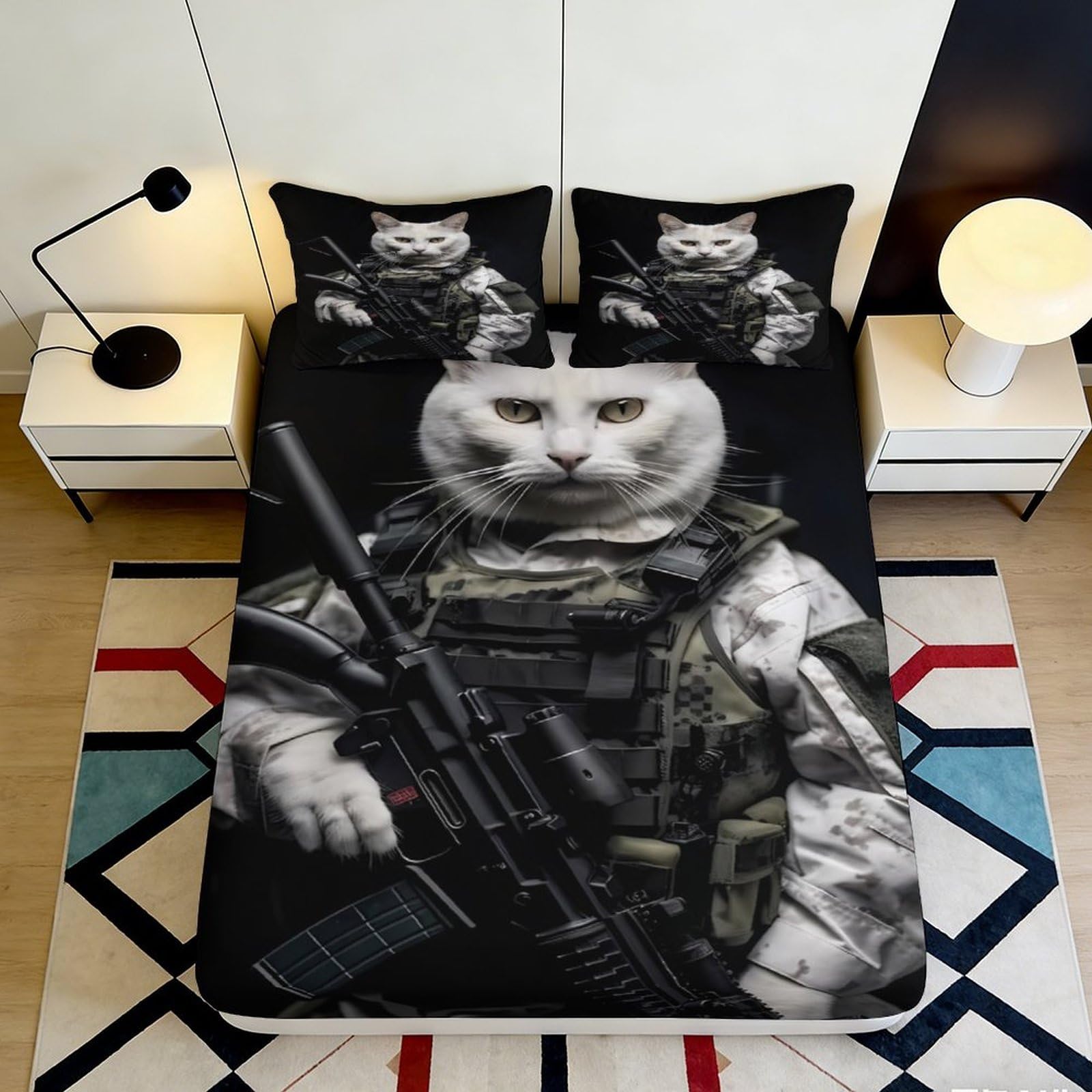 Decorative Cat Soldier Fitted Sheet, 3D Printed, Soft Touch Microfiber, Bed Cover for Bedroom, Easy Care, Apartment Bedding, Black, 120x200cm 90x200x25cm