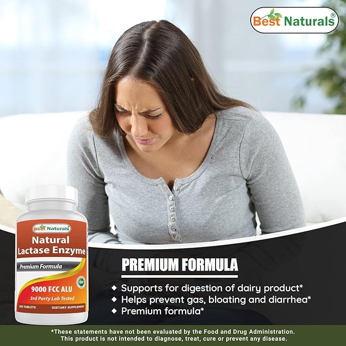 Best Naturals Lactose Intolerance Relief Tablets with Natural Lactase Enzyme, Fast Acting High Potency Lactase, 9000 FCC ALU, 180 Count