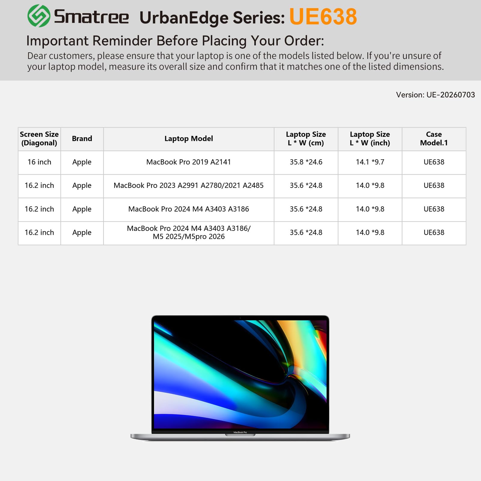Smatree UrbanEdge Etui na laptopa do 16 cali Apple MacBook Pro 2019 A2141;16,2 cali Apple MacBook Pro 2023 A2991 A2780/2021 A2485/2024 M4 A3403 A3186/M5 2025/M5pro 2026,z kieszenią na akcesoria(UE638)