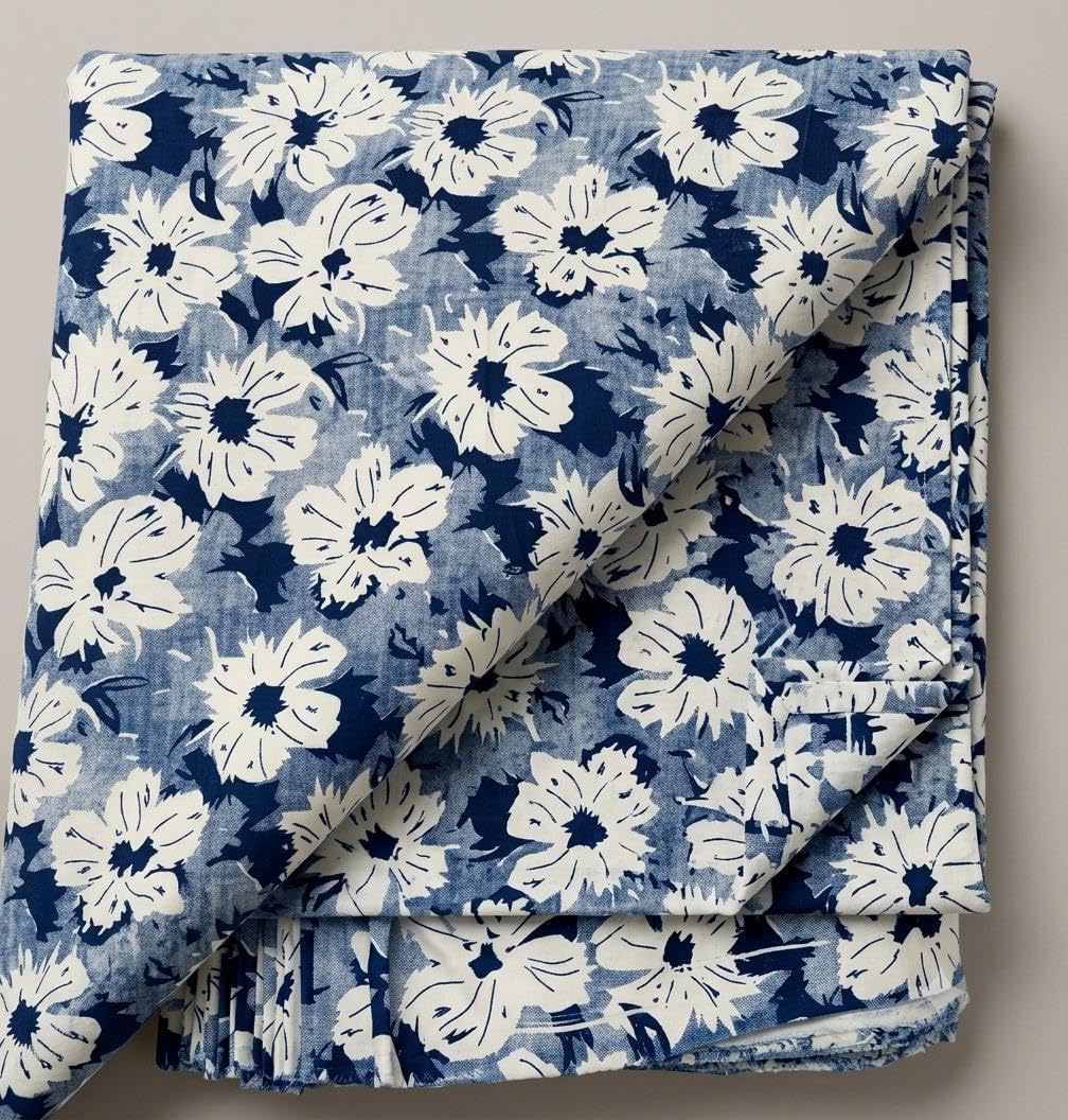 Floral Print Fabric, Blue & White Daisy Pattern Cotton Cloth (2.5 Meter) | Daisy Floral Design, Navy & White Tones, Soft Cotton Weave, All-Over Print, Home & Apparel Use-image-16