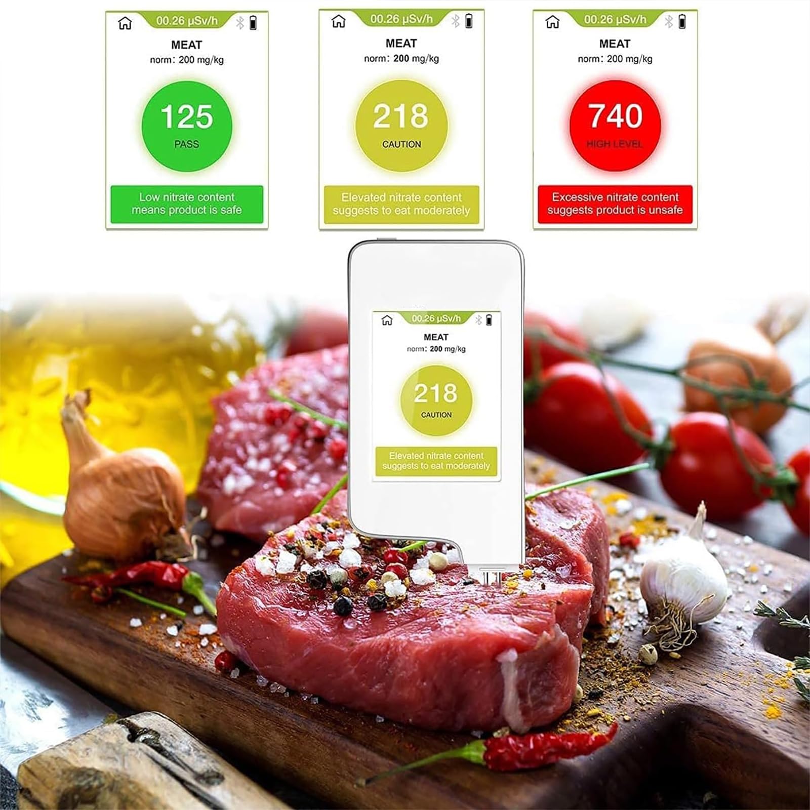 Tester portatile per nitrati alimentari, rilevatore di residui di pesticidi con timer, display a 3 colori e misuratore di radiazioni per frutta, verdura, carne, pesce e acqua