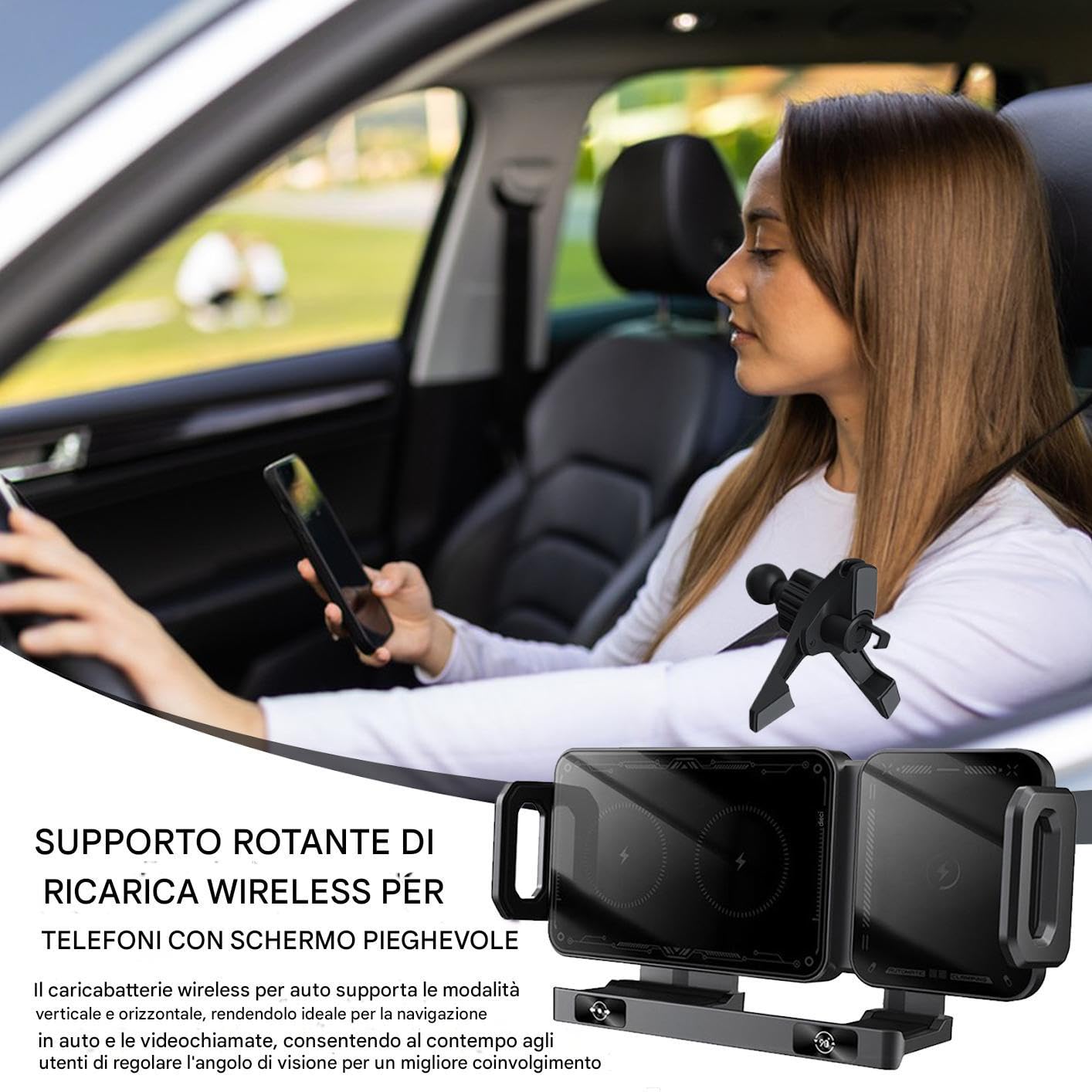 Cargador Inalámbrico para Coche 15W Carga Rápida Soporte De Rejilla | Soportes De Teléfono Con Sujeción Automática Para Diario Viajes Largos Vacaciones