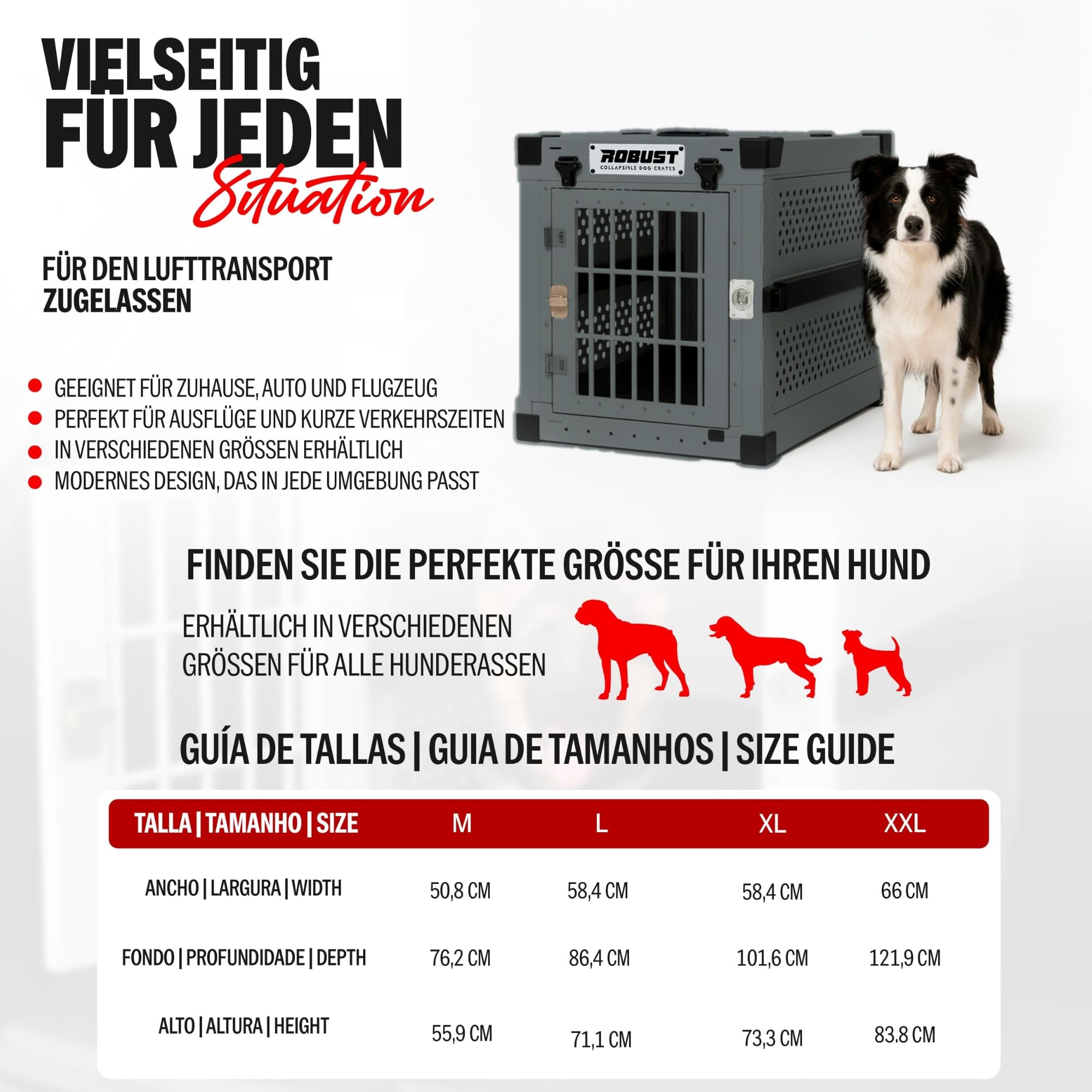 ROBUST Hundetransportbox Auto Faltbar für Alle Hunderassen – Leichte Hundebox aus Aluminium mit Verstärkten Ecken | Tragetasche Hund Kofferraum für Zuhause, Auto, Ausflug und Flugreisen (Gris, L)