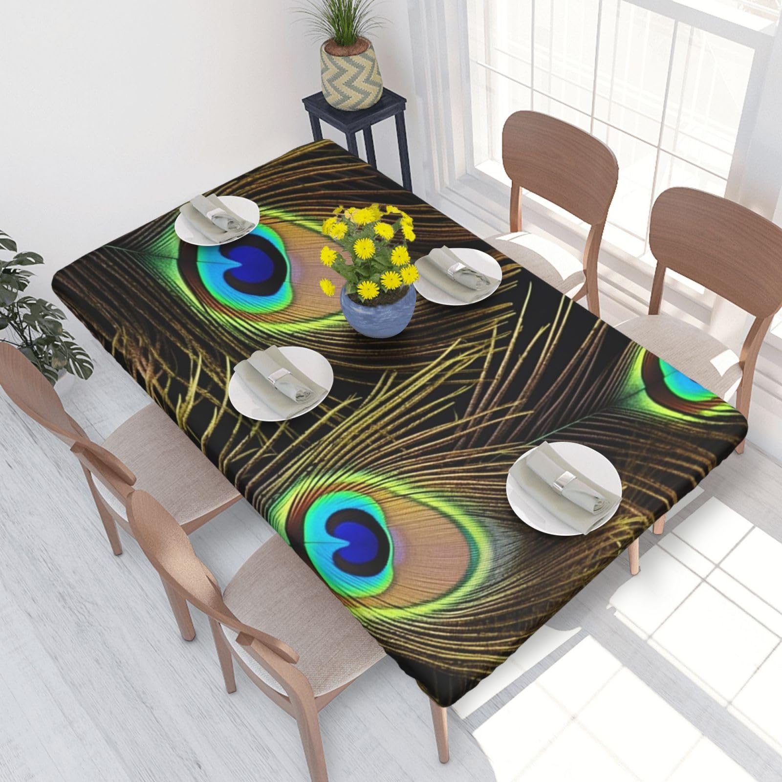 Peacock Feathers Waterproof Square Table Cover Elastic Fitted Tablecloth Oil Proof Table Protector For 4ft Table