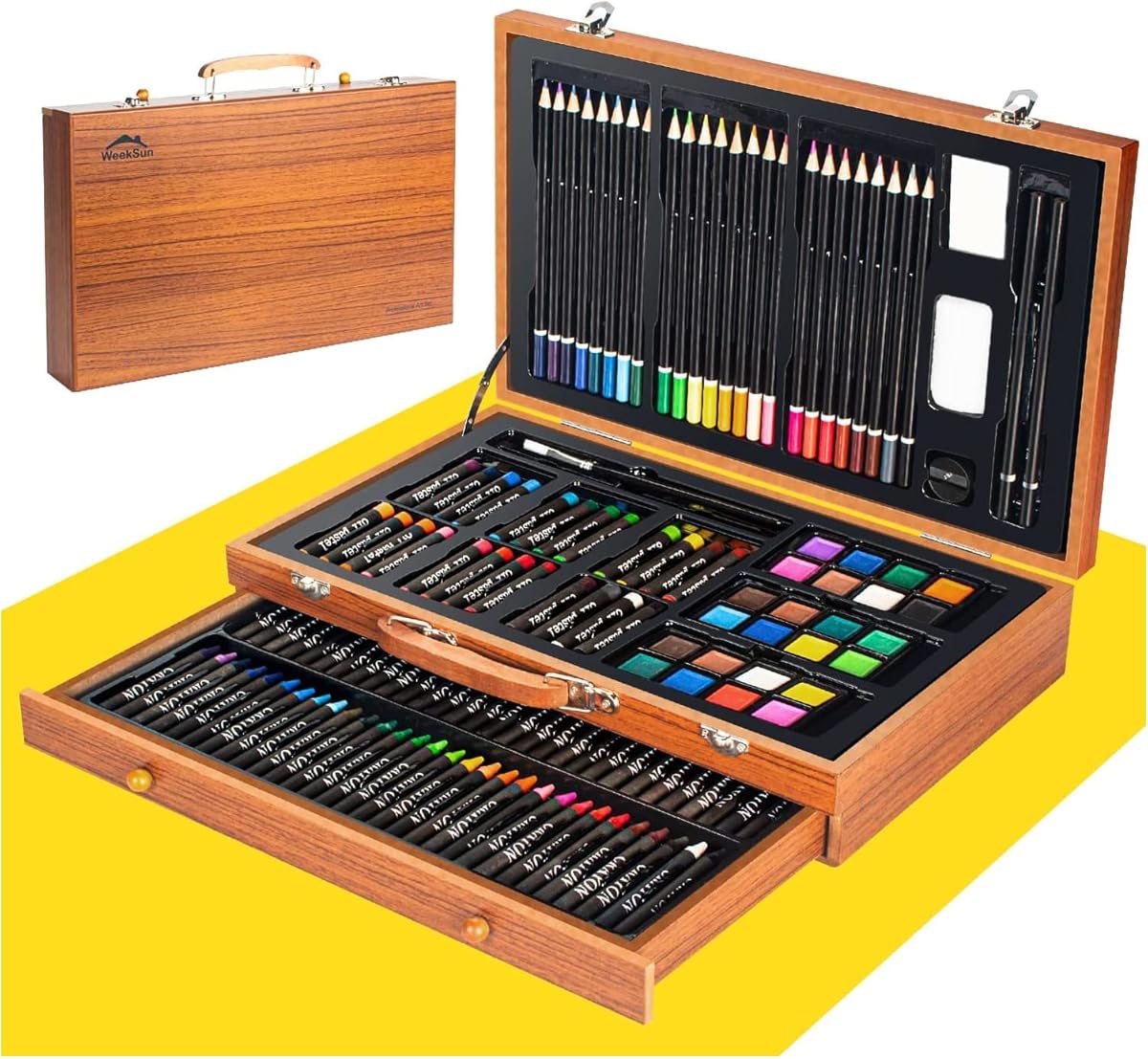 141 Pièces Set de Dessin Enfant, Kit de Dessin de Boite en Bois avec des Crayons, des Pastels à l'huile, Set de Peinture des Crayons de Couleur, des Crayons à Croquis, Un Gâteau Aquarelle