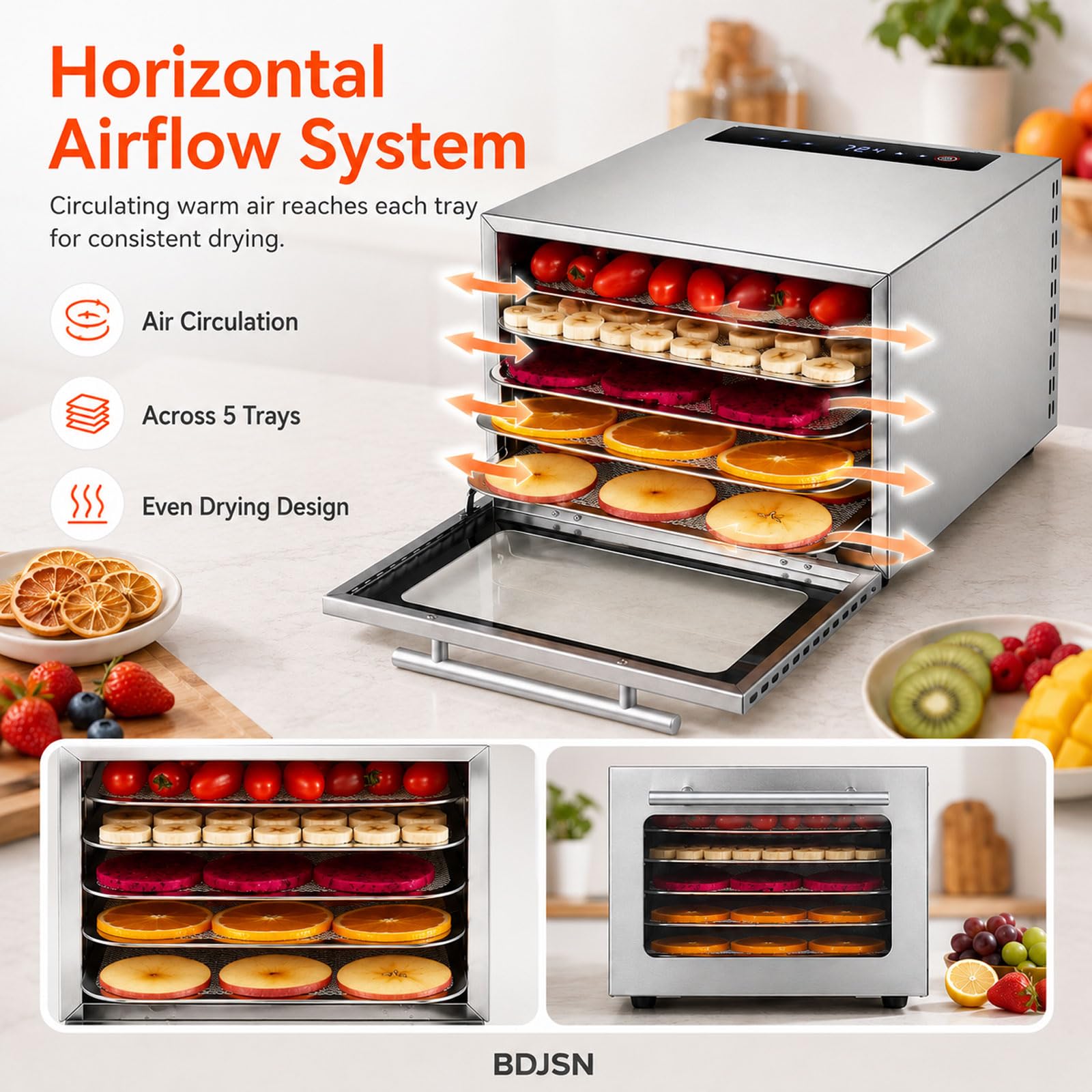 Deshidratador De Alimentos, Secador De Acero Inoxidable Con 5 Bandejas, Control Táctil Digital, Temperatura Ajustable De 20–90 °c, Temporizador De 24 H Y Puerta De Vidrio Para Carne Seca, Hierbas