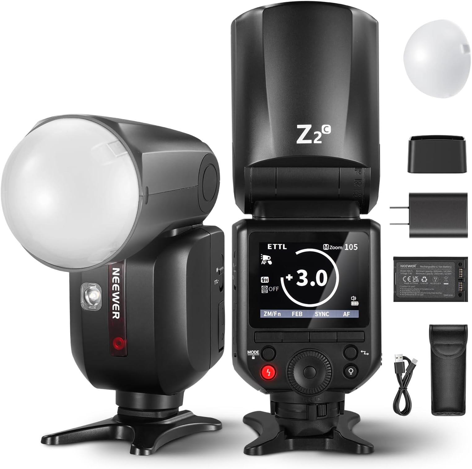 NEEWER Z2-C 2.4G TTL Round Head Flash Speedlite for Canon, 76Ws Speedlight with Dome Diffuser, Upgraded UI, TTL/M TCM Toggle Key, 2 Modeling Lamps 1/8000s HSS 7.4V/2600mAh Battery 480 Full Power Flash