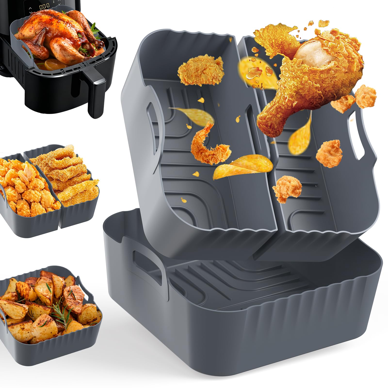 3 Piezas Moldes Silicona Freidora de Aire, Bandeja Silicona Air Fryer para para Cecotec COSORI 5,5L 6L,Philips 6,2L,Ninja 6,2L, Recipientes Cuadrado Accesorios para Freidora de Aire, Microondas, Horno