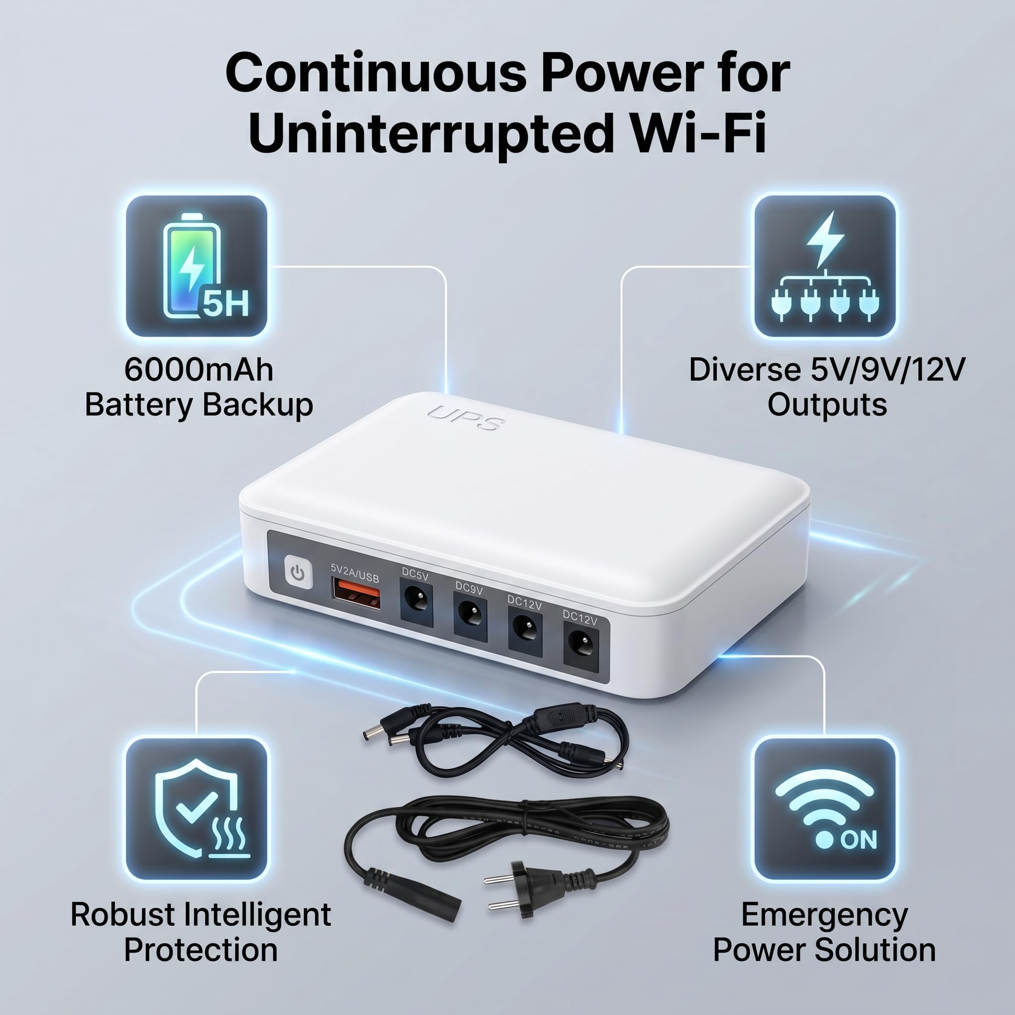 Eujgoov Mini UPS 6000mAh Alimentation Secours Routeur WiFi 5V 9V 12V Batterie Rechargeable Protection Coupure Courant Bureau Maison Prise EU