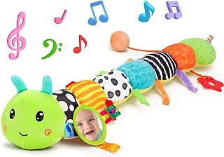 Baby Sensory Toy 0-6 Month Music Animal Stuffed Plush Caterpillar Toy for Infant 0-3-6 Month Tummy Time with Baby Mirror Crinkle Rattle for 6-12 Month Carseat Toys for Newborn Boys Girls Shower Gifts