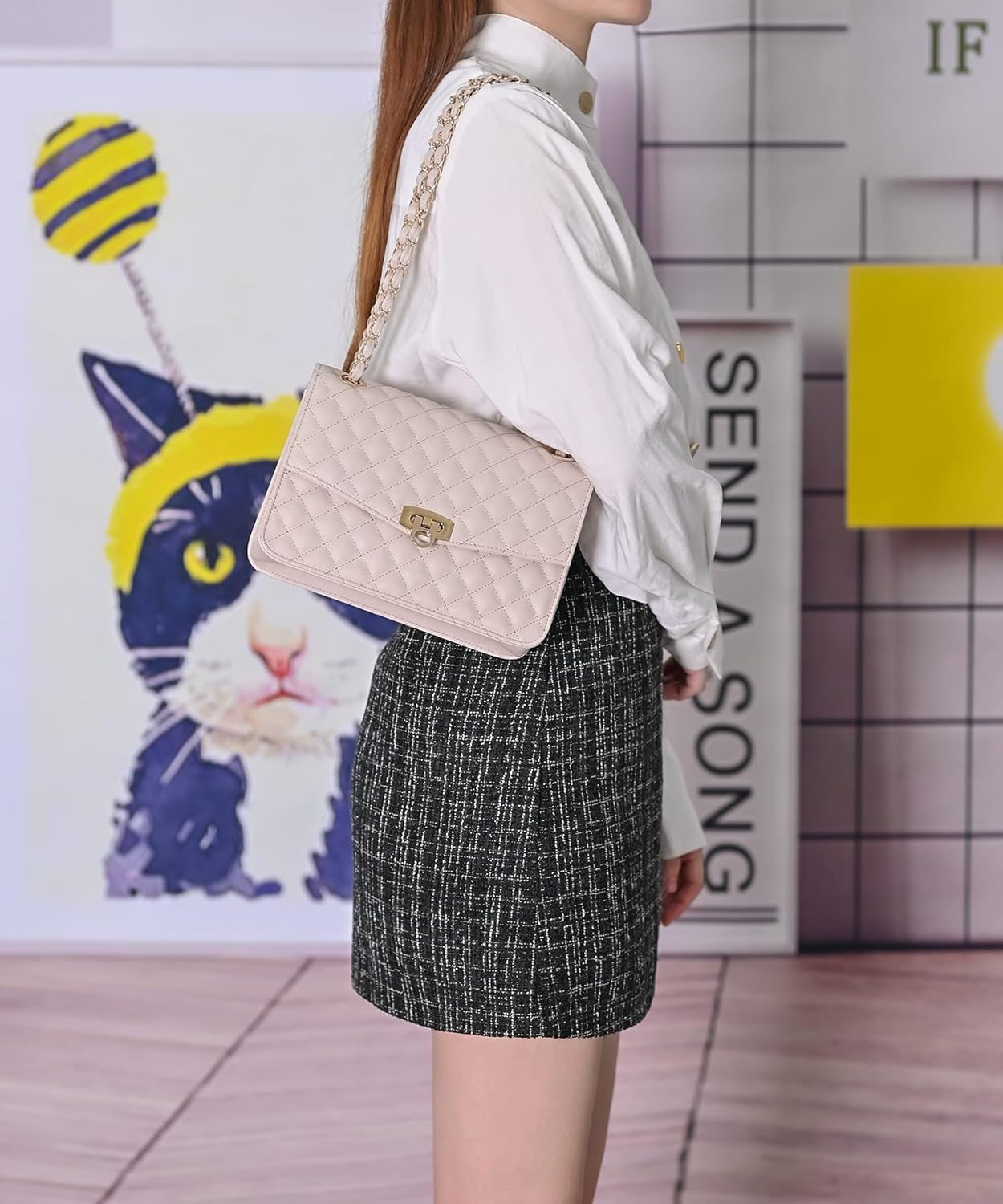 GM LIKKIE Quilted Shoulder Bag for Women, Medium Flap Crossbody Handbag with Chain Strap, Soft Vegan Leather Clutch Purse - Image 2