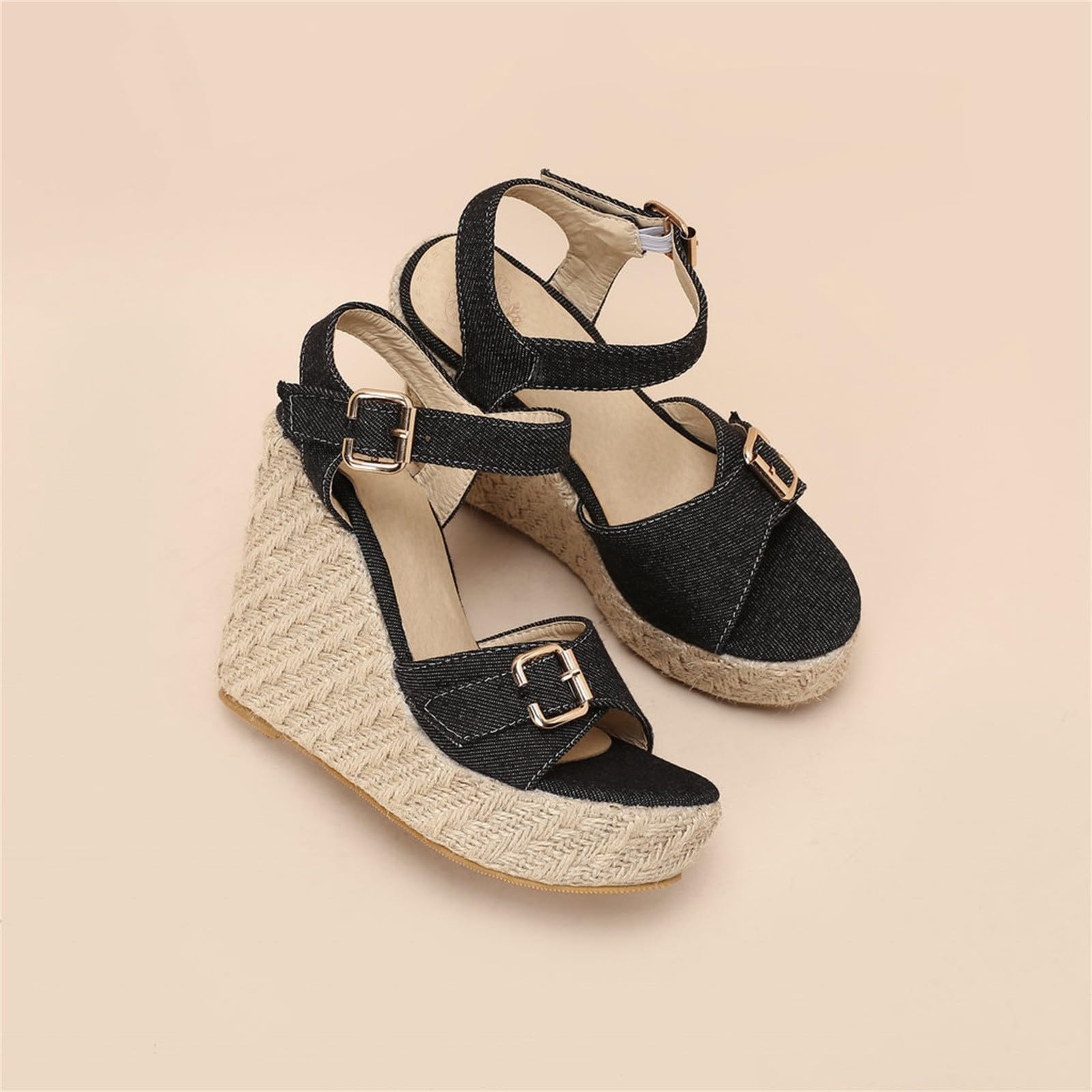 Genérico Sandalias Trekking Mujer Zapatos De Vaqueras Con Cuña Novedad Verano Hebilla Cinturón Pescado Línea Trenzada Tacón Para Sandalia Ancho Especial Cuerdas Boho Negras Tacon Blanca