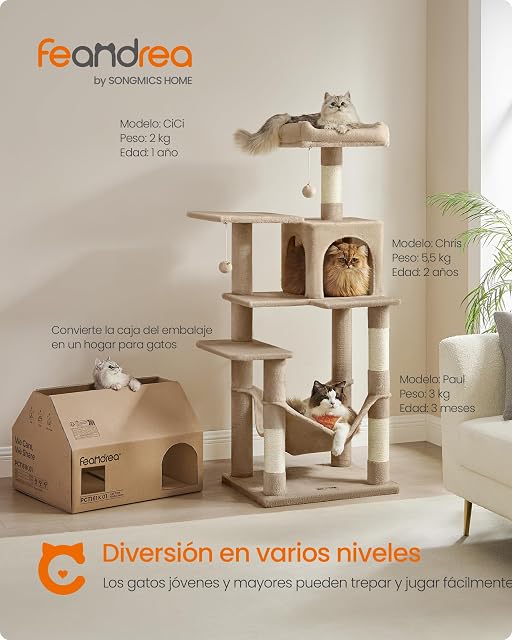 Foto 2 de 7 de Feandrea Árbol para Gatos, Altura 143 cm, Torre de Gatos, con 4 Postes Rascadores, 2 Plataformas, 1 Cueva