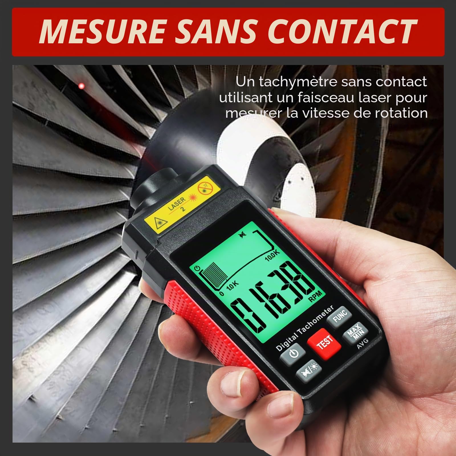 Tachymètre Numérique Sans Contact avec Deux Modes de Mesure 10-99999 tr/min, Détection Photoélectrique Laser Haute Précision avec Écran LCD, Ruban Réfléchissant pour Usage Industriel et Bricolage