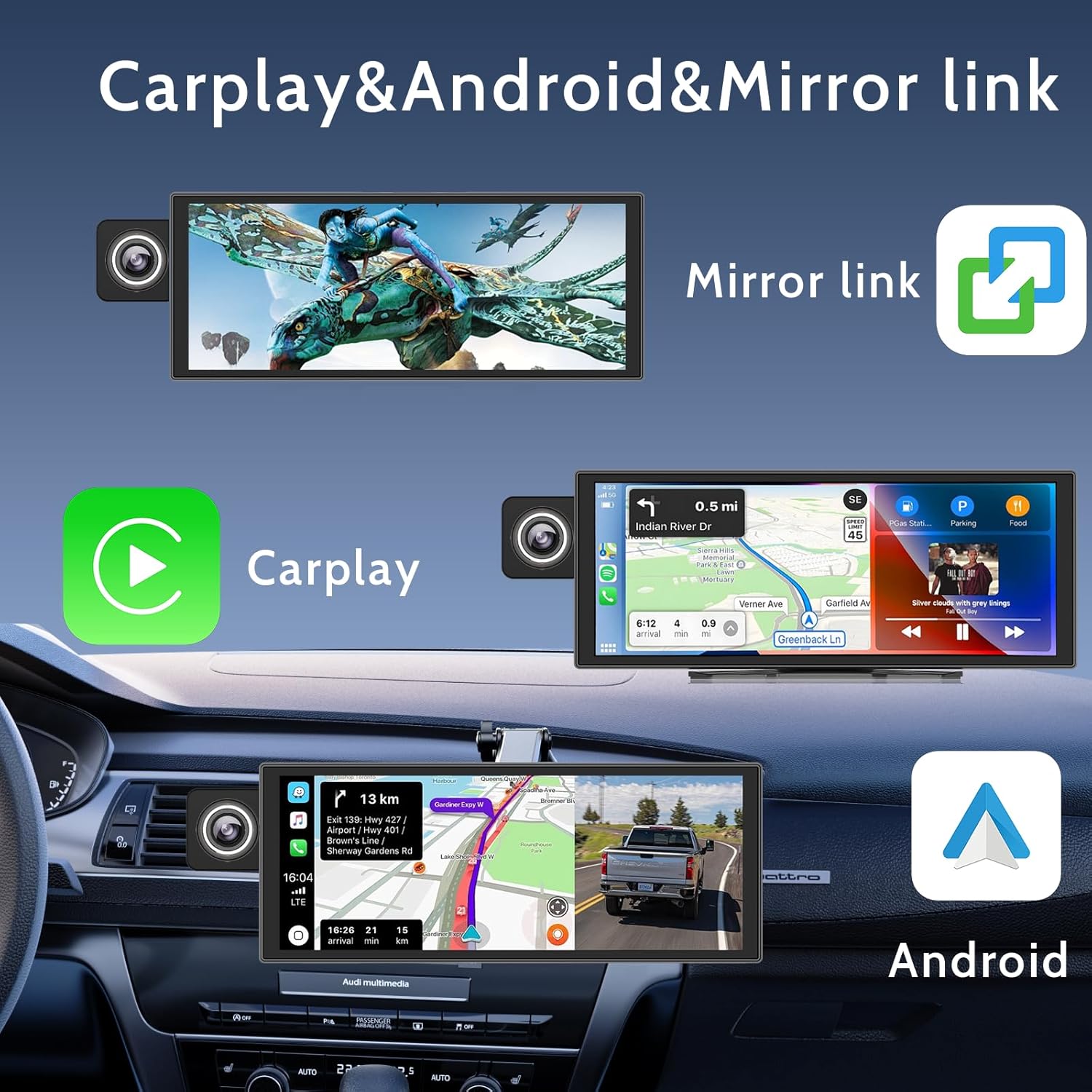 11.26'' Wireless Apple CarPlay & Android Auto Screen for Car with 4K Dash Cam,Ultra-Light Touchscreen, IP68 1080P Backup Camera, GPS Navigation, Voice Control, Mirror Link, Plug & Play (No Card)