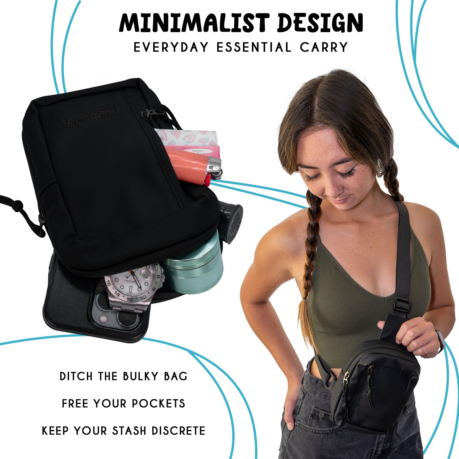Bolsa a prueba de olores | Contenedor cruzado | Accesorio discreto de almacenamiento de hierbas | Mini bolsa bandolera forrada de carbono | Bolsa de viaje pequeña | Esenciales minimalistas | 5