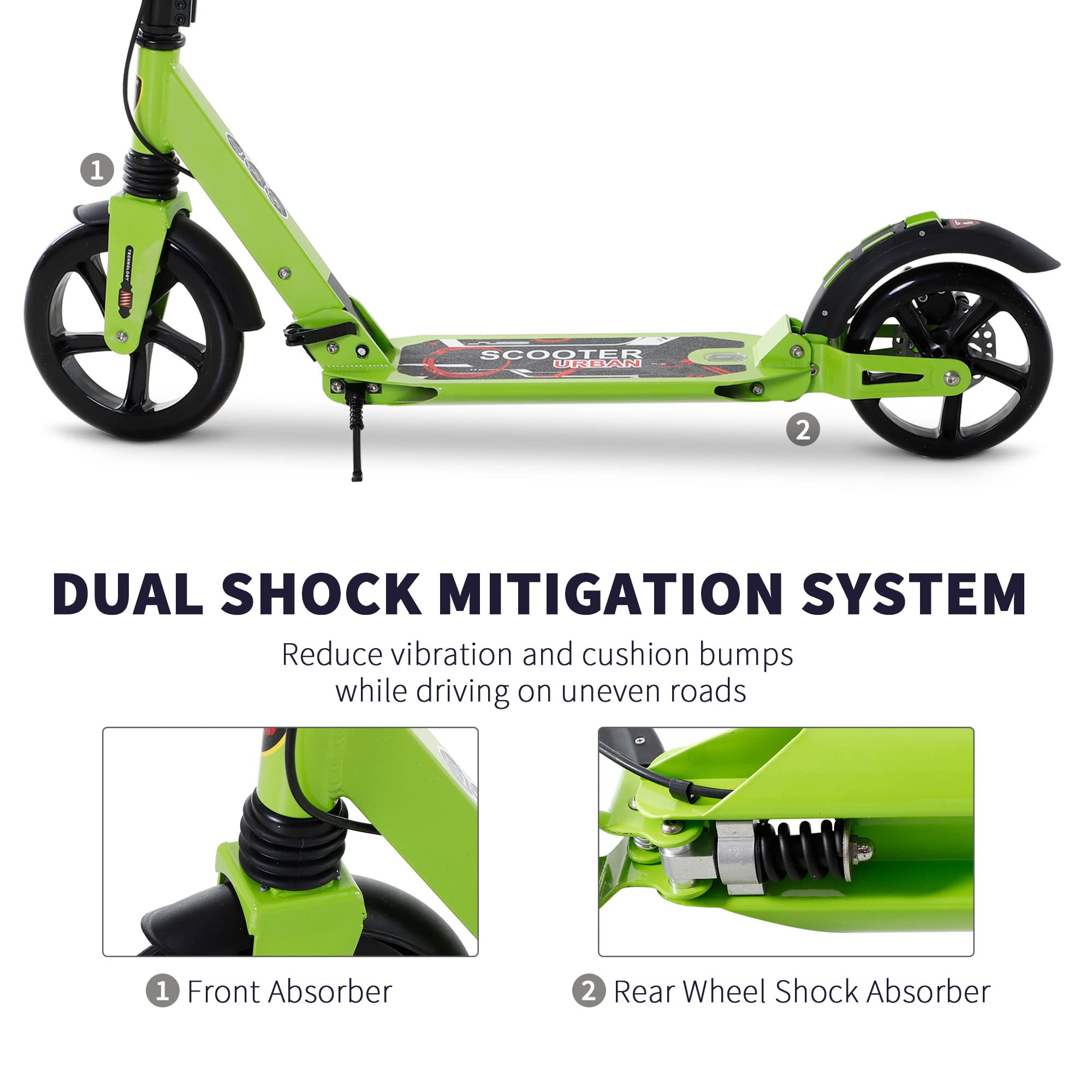HOMCOM Patinete plegable de 2 ruedas para más de 14 adolescentes y adultos, color verde | Sistema de freno doble, suspensión doble, ruedas grandes de 230 mm, 3 manillares ajustables, hasta 100 kg
