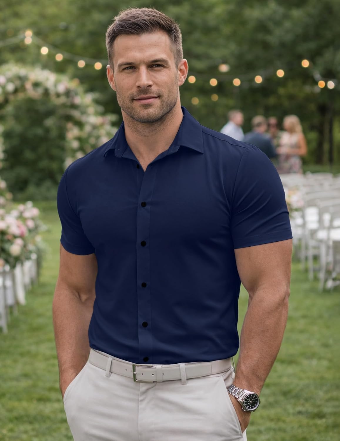 Mens Muscle Fit Casual Dress Shirts Short Sleeve Wrinkle-Free Button Down Shirt - Image 3