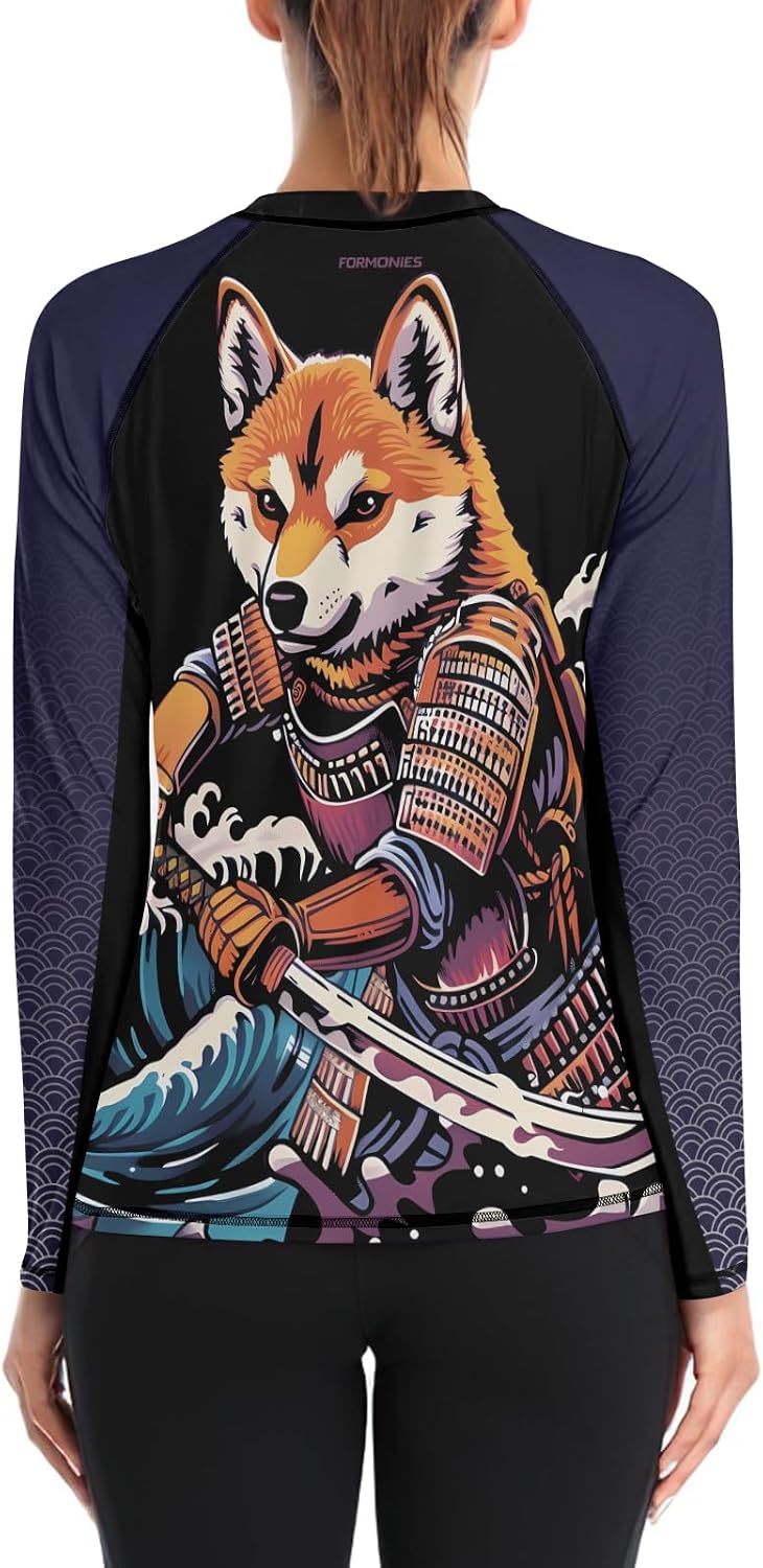 FORMONIES Samurai Pets Women’s Compression Shirt – Long Sleeve Rash Guard Base Layer for MMA BJJ Grappling