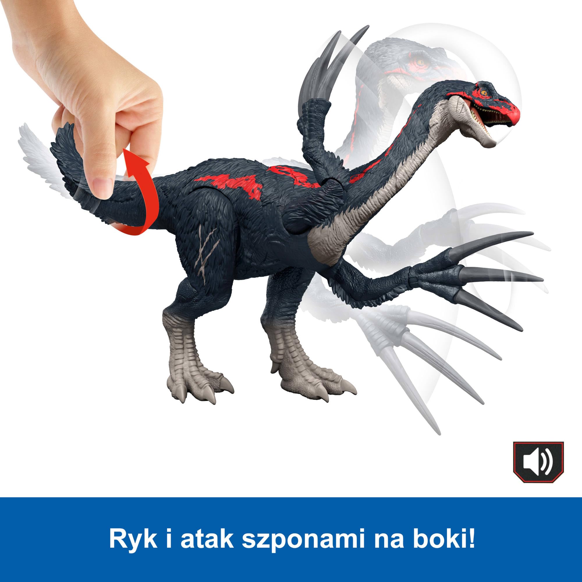 Mattel Jurassic World Teoria Chaosu Atakujący Terizinozaur Figurka dinozaura z atakiem szponami i dźwiękiem, zabawka dinozaur i zabawa wirtualna, JCG17