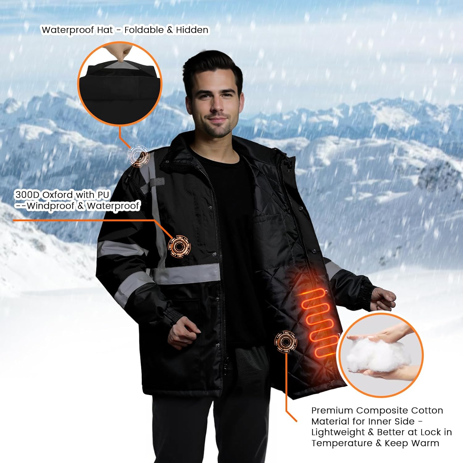 TCCFCCT Hi Vis Jackets for Men & Women, Waterproof Reflective Safety Jacket with Pockets, Construction Coats for Cold Weather, High Vis Rain Gear, Long J-Black, XL - Image 4