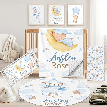 Custom Baby Crib Bedding Set, 5 PCS Personalized Name Baby Crib Sets for Girls Boys, Blue Bear Theme Nursery Bedding Sets for Infant Toddler, Double Layer Flannel Bed Set Customized Gifts