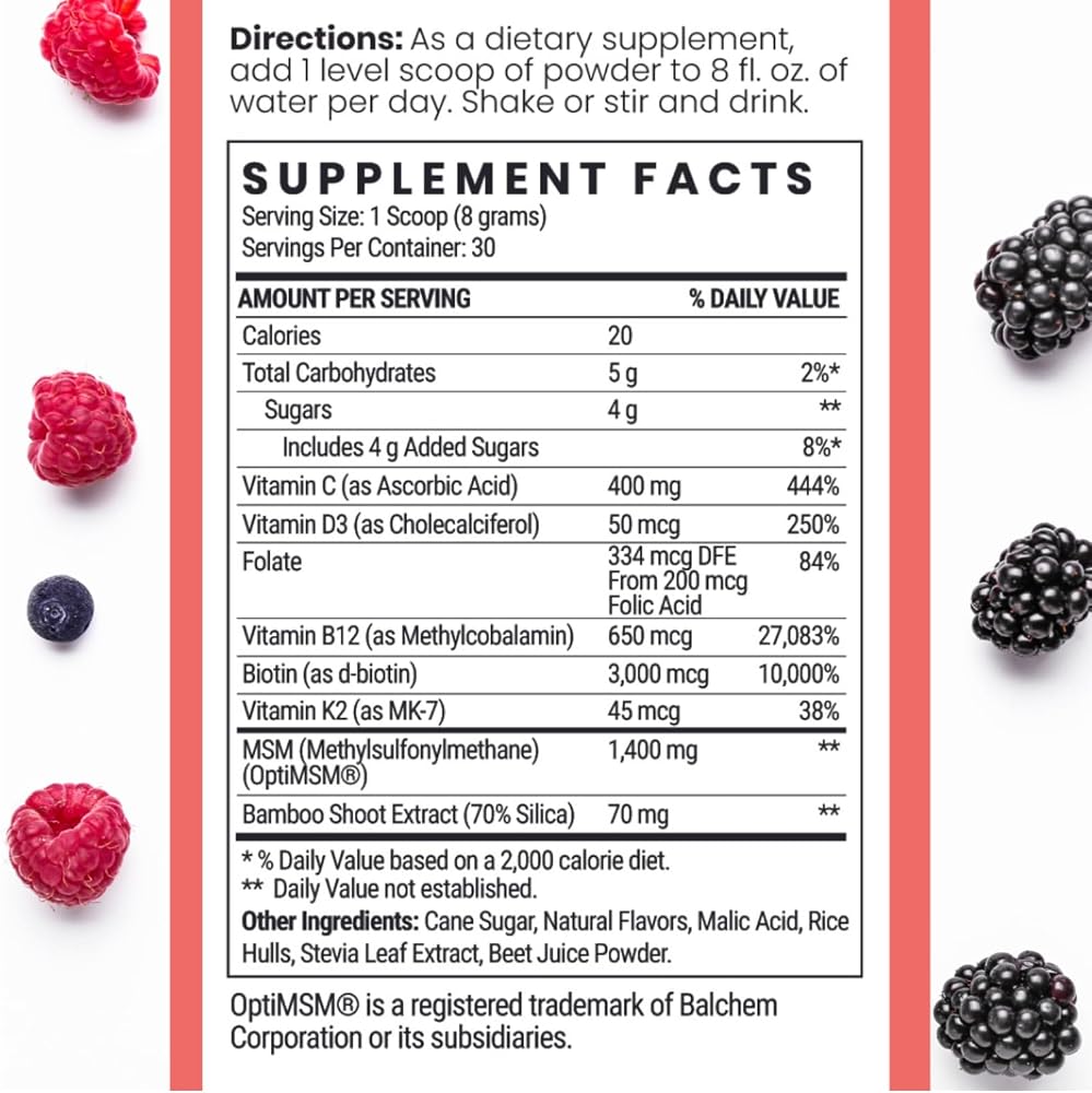 Qhemet Biologics MSM + Biotin Hair Nutrient Drink Mix - Vitamins Powder to Support Lush Volume - Bamboo Silica & Vitamins D3 + B12 for Hair Health - Jumpstart Your Hair Growth Journey (8.5 oz)