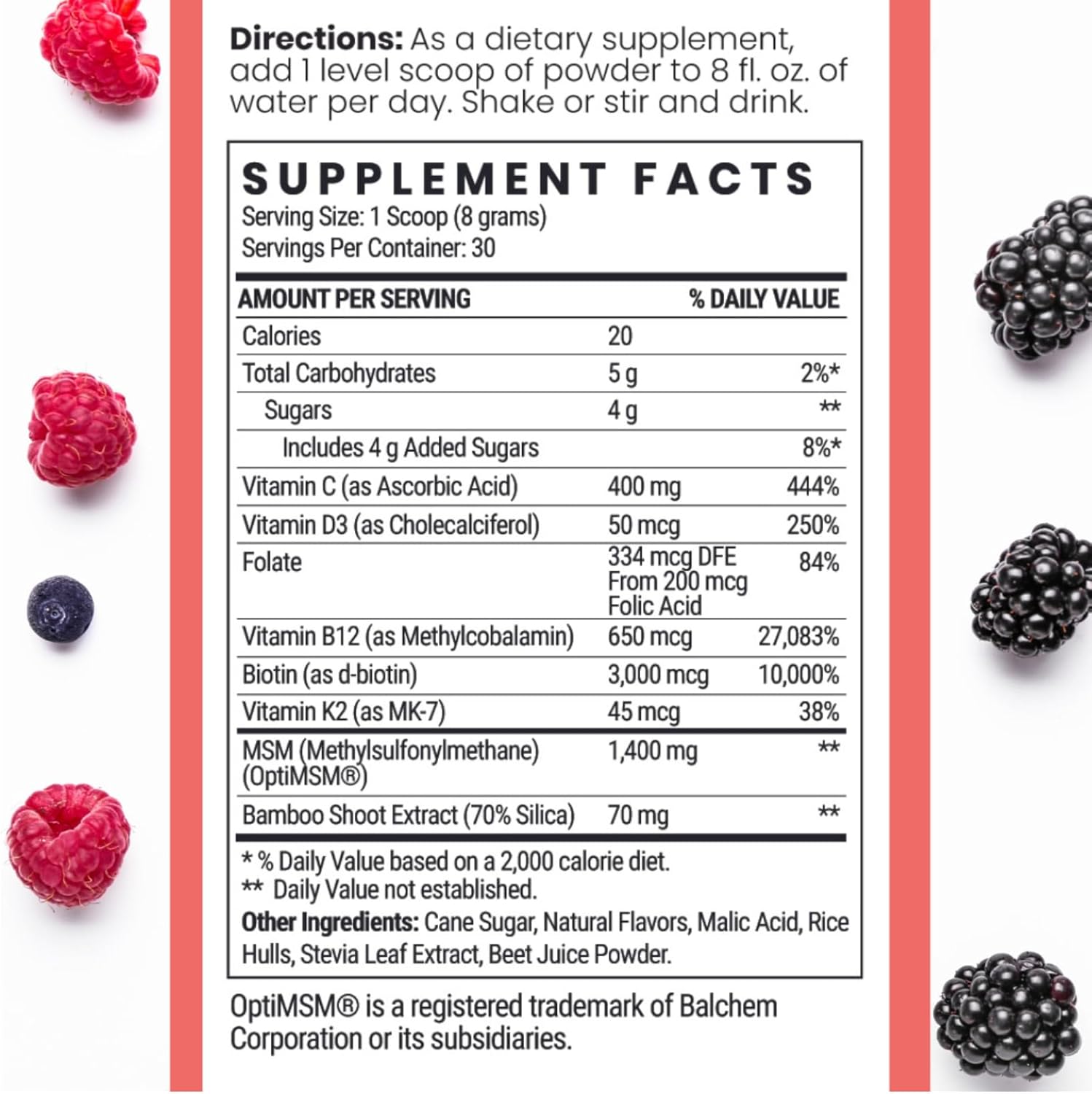 Qhemet Biologics MSM + Biotin Hair Nutrient Drink Mix - Vitamins Powder to Support Lush Volume - Bamboo Silica & Vitamins D3 + B12 for Hair Health - Jumpstart Your Hair Growth Journey (8.5 oz)