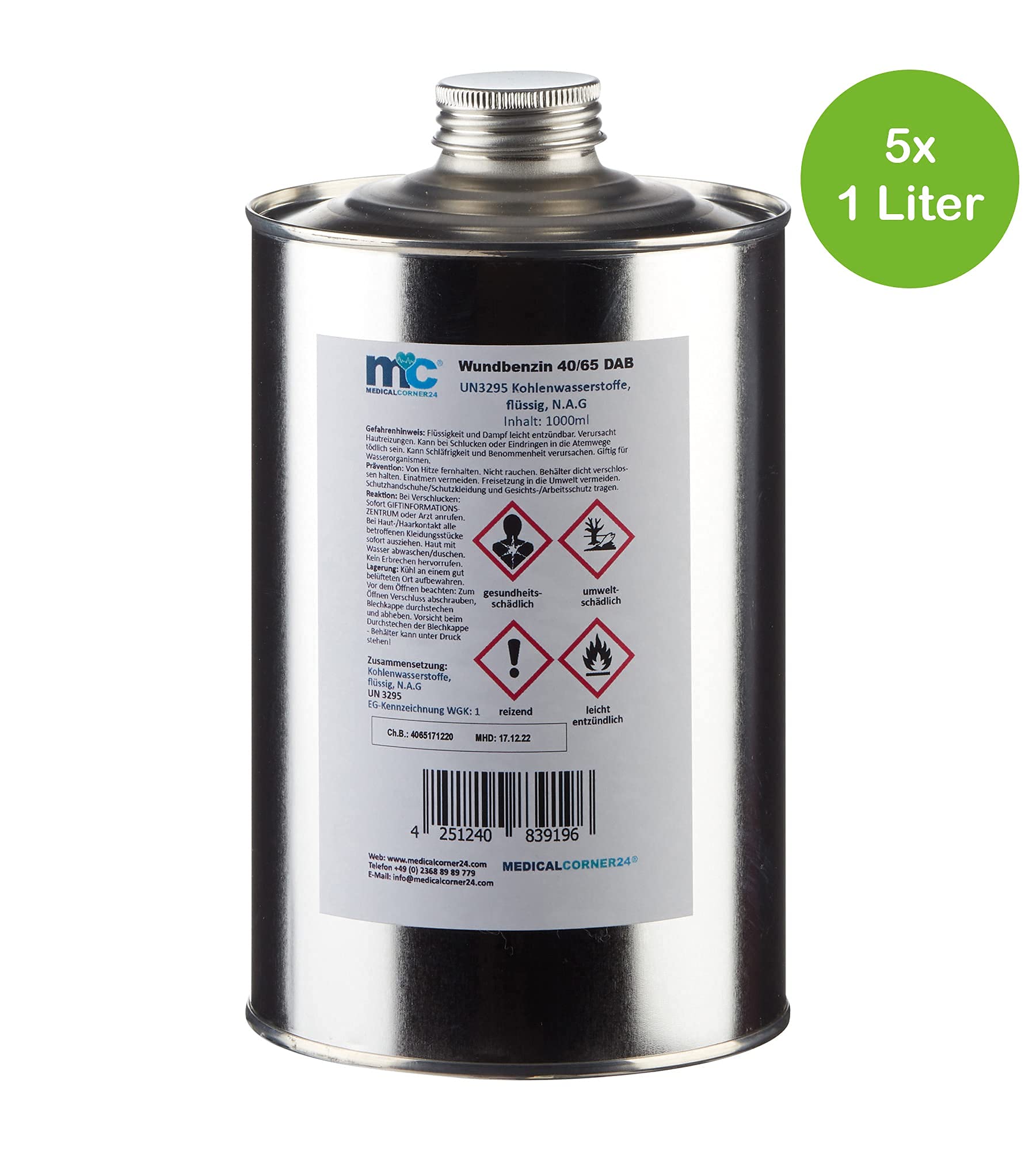 Medicalcorner24 Wundbenzin 40/65 Lösungsmittel Reinigungsmittel Leichtbenzin 5 x 1 Liter