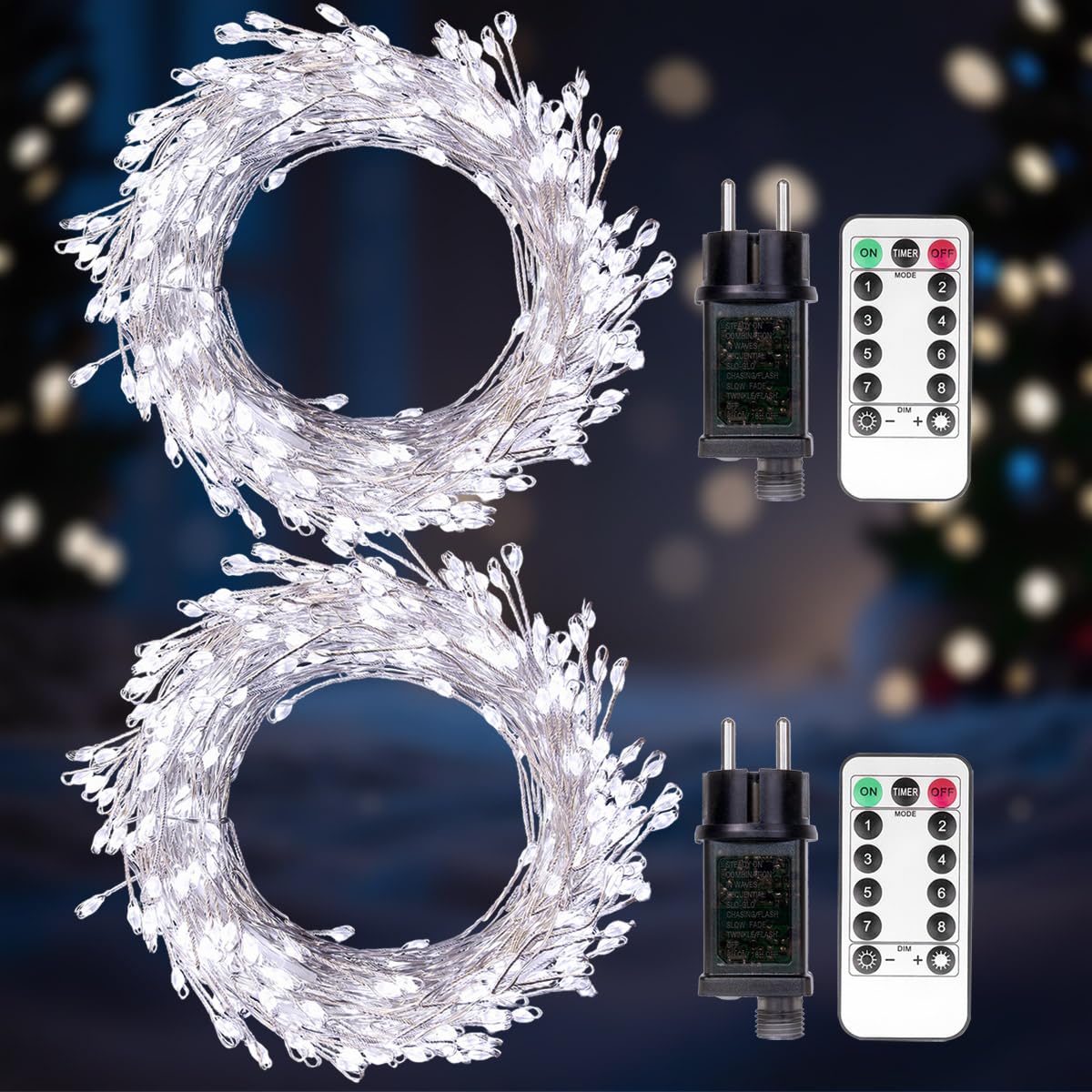 PCORES Firecracker String Fairy Lights - 6M/20FT 200LED Silver Wire Plug in Cluster Lights with Remote & Timer, Cool White - for Bedroom, Garden, Party, Wedding, Christmas Decor（2Pack）