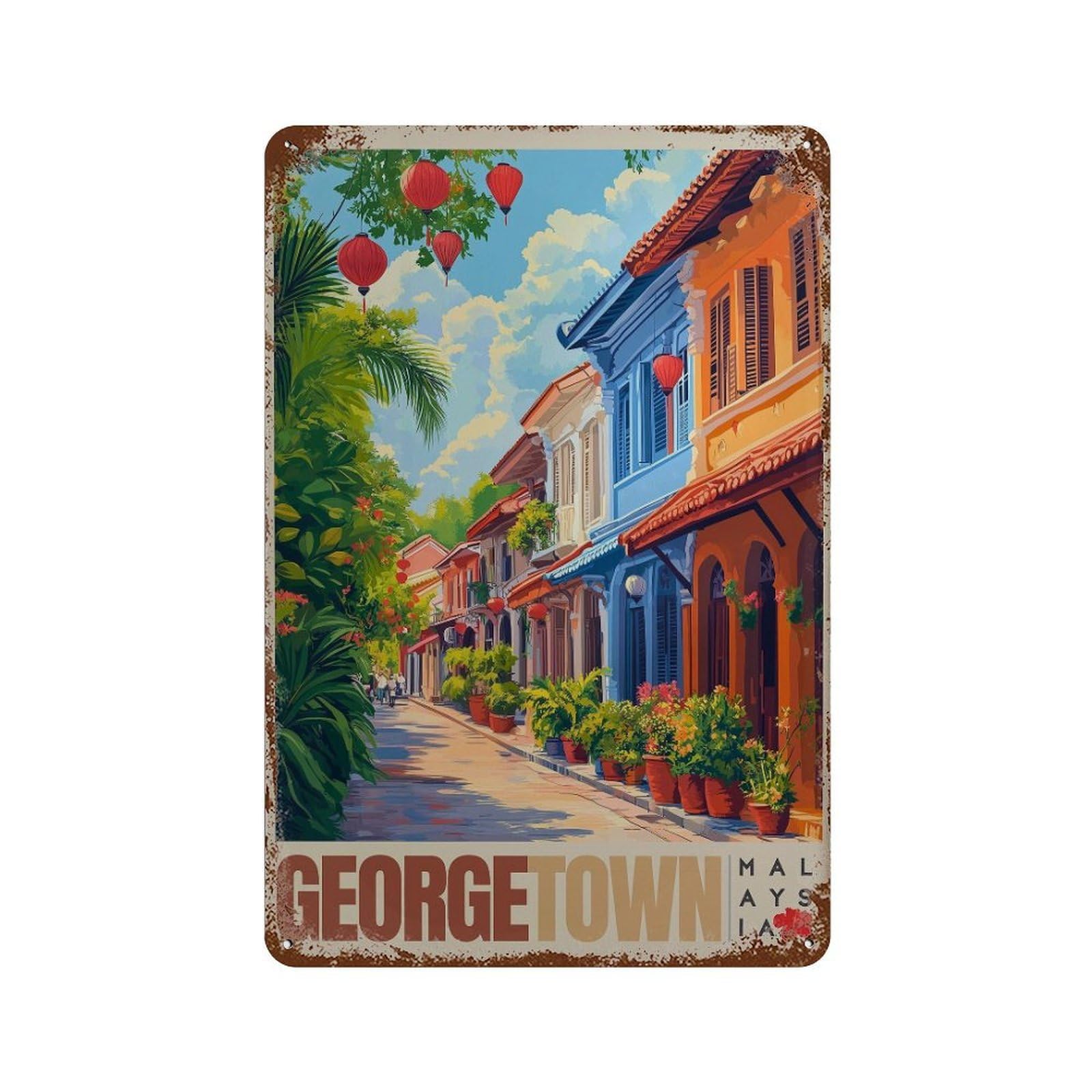 xiaoxiaoshen George Town Malaysia Travel Penang Heritage Colourful Street Decor Wall Decor Art Metal Tin Poster Modern Home Decor Art Home Bar Shop Decorations Vintage Sign 30x20cm