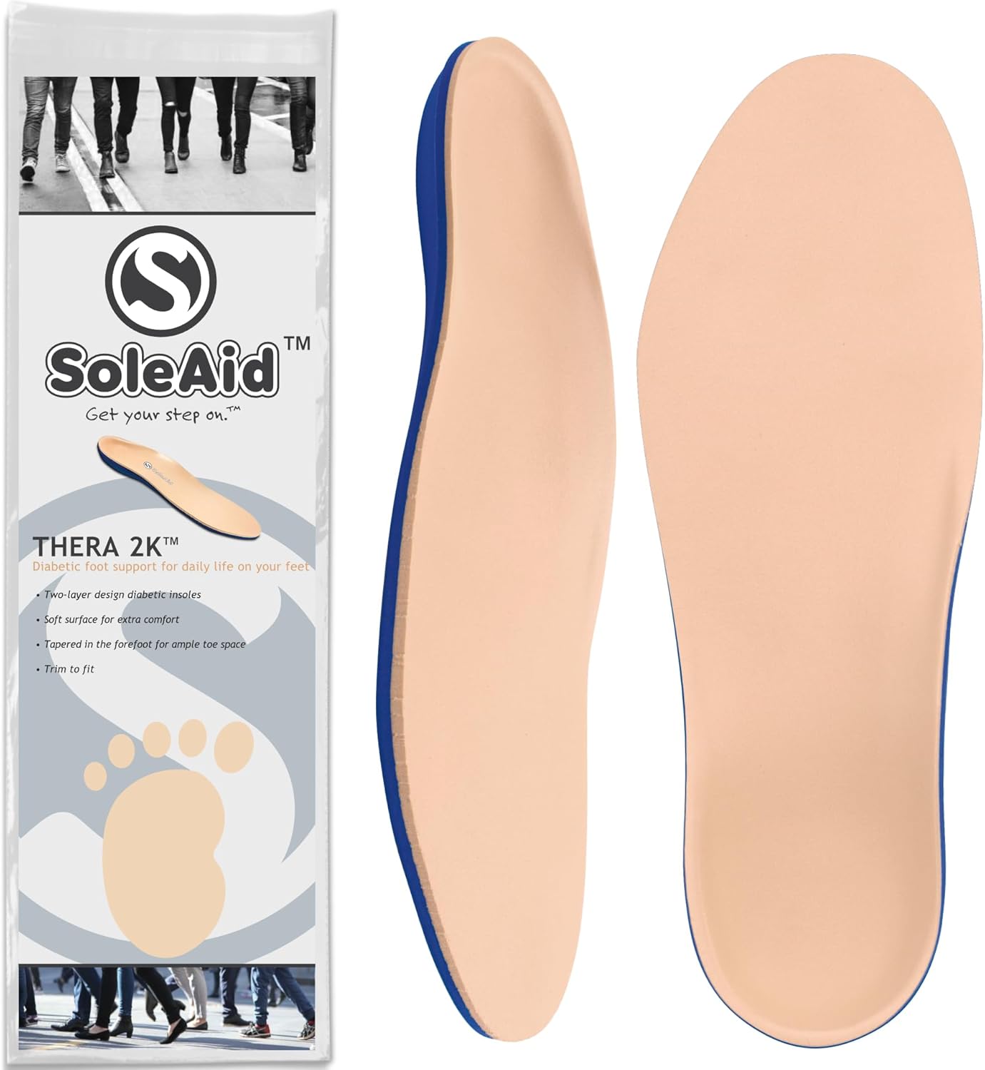 SoleAid Thera2K, 2-Layer Diabetic Insoles - Light Weight, Soft, Anti-Friction, Therapeutic Foot Support (Women 7-8 / Men 5-6)